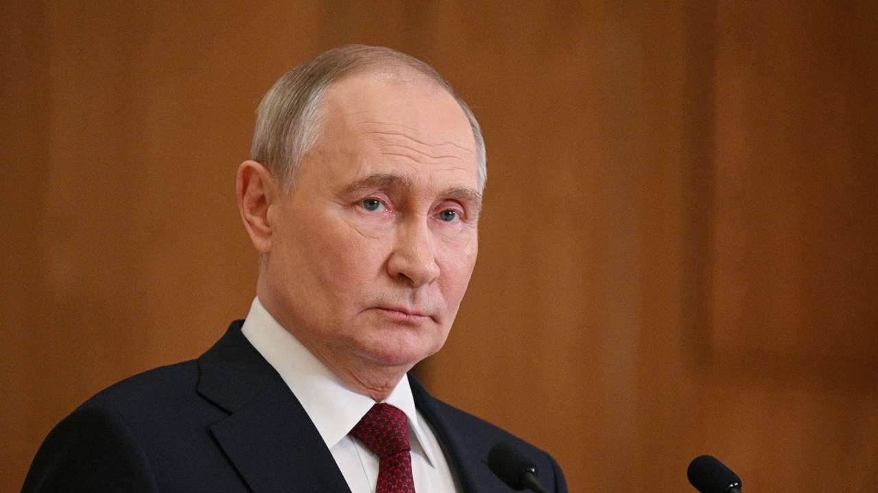 Russian President Putin attends a press conference in Astana