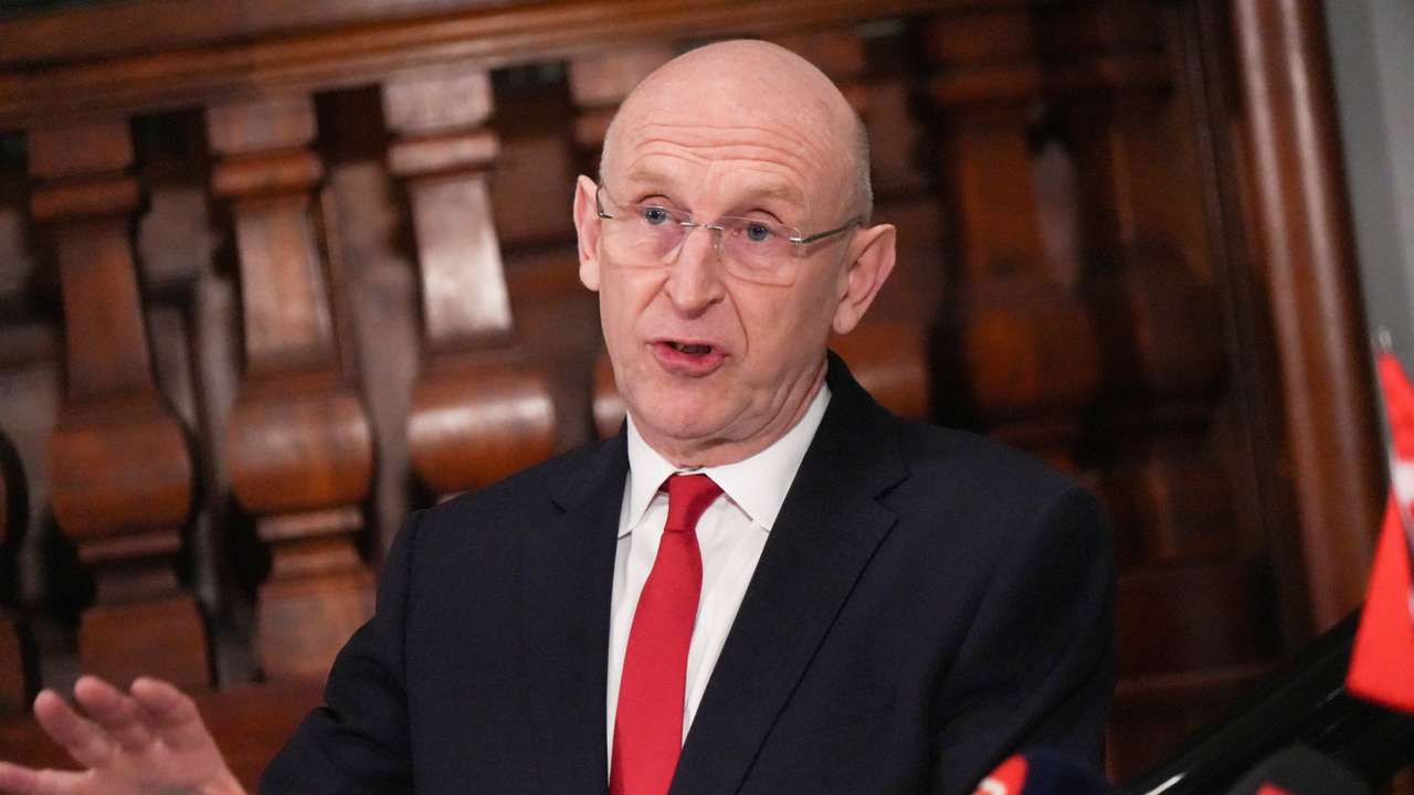 British Defence Secretary John Healey talks to the media in Copenhagen