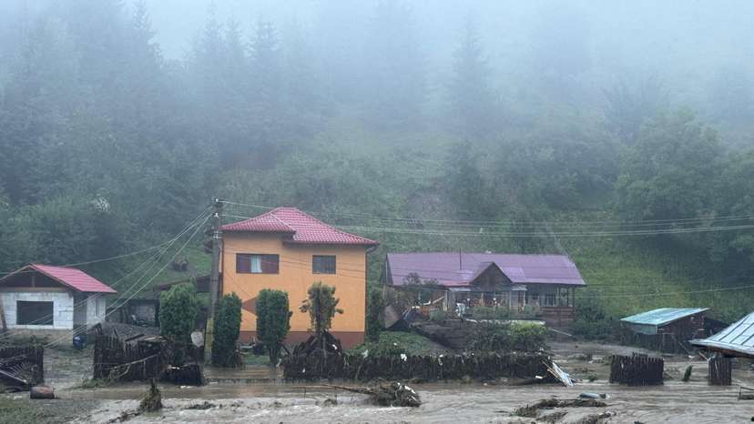 Floods strike the town of Brosteni in Romania