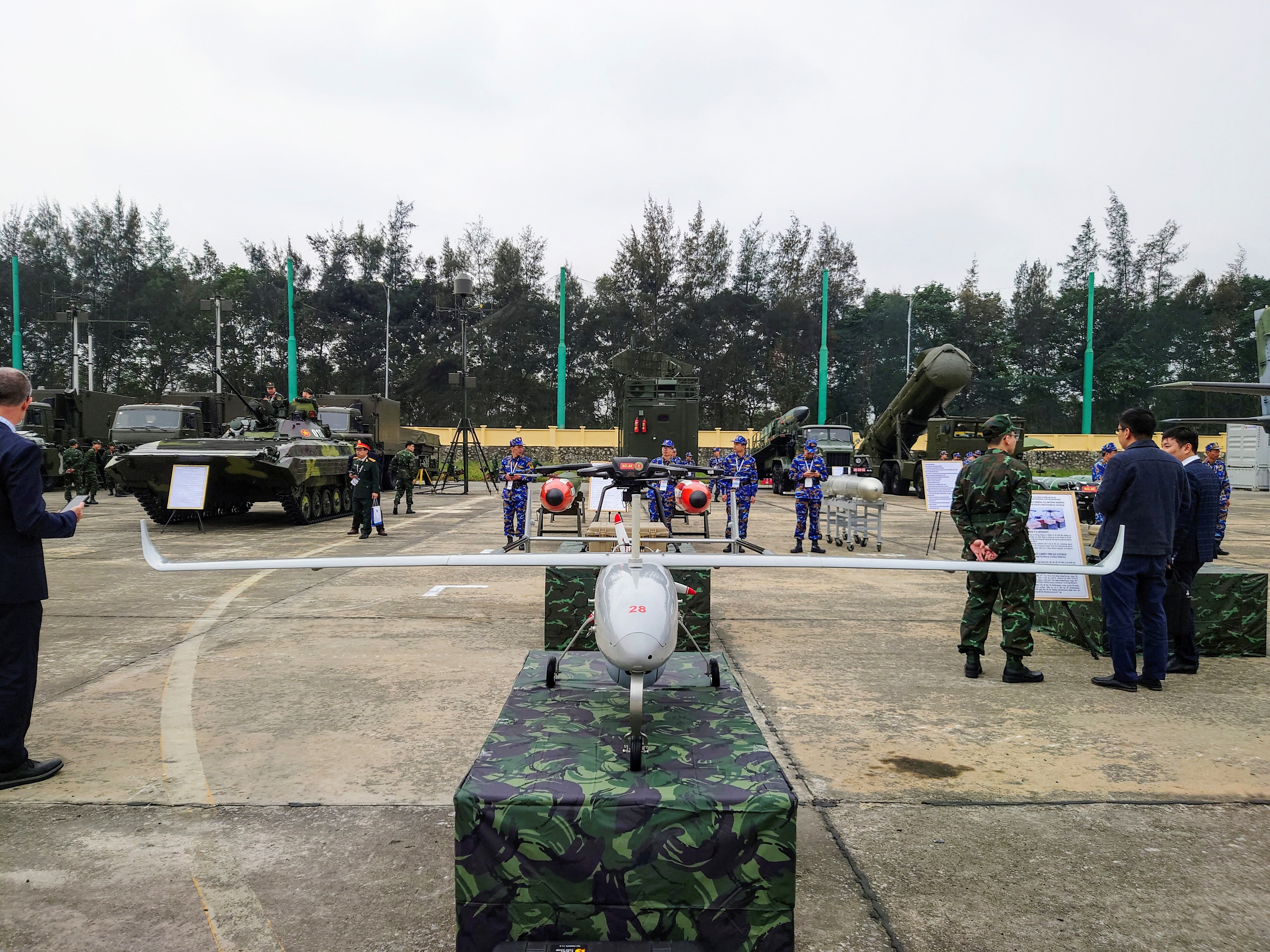 A VUA-SC-3G drone developed by Vietnam’s Viettel Group and used by Vietnamese security forces is displayed at the Hanoi International Arms Fair in Hanoi