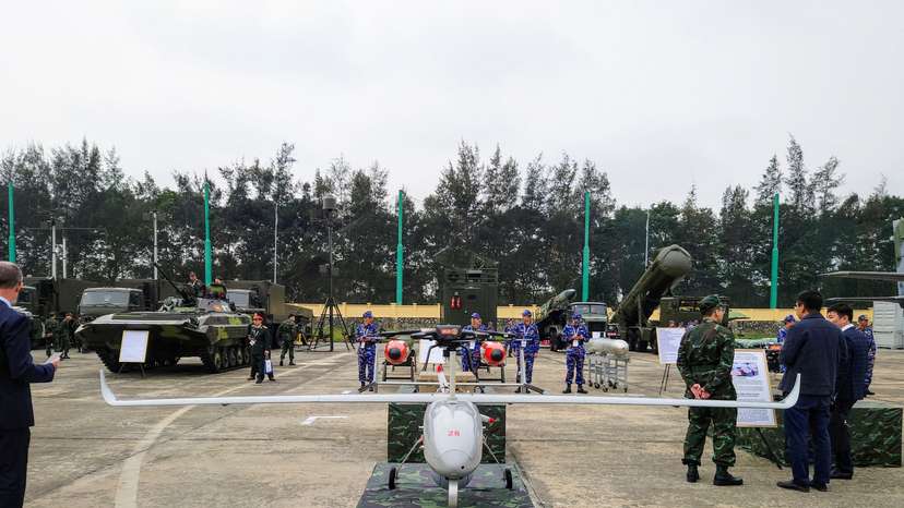 A VUA-SC-3G drone developed by Vietnam’s Viettel Group and used by Vietnamese security forces is displayed at the Hanoi International Arms Fair in Hanoi