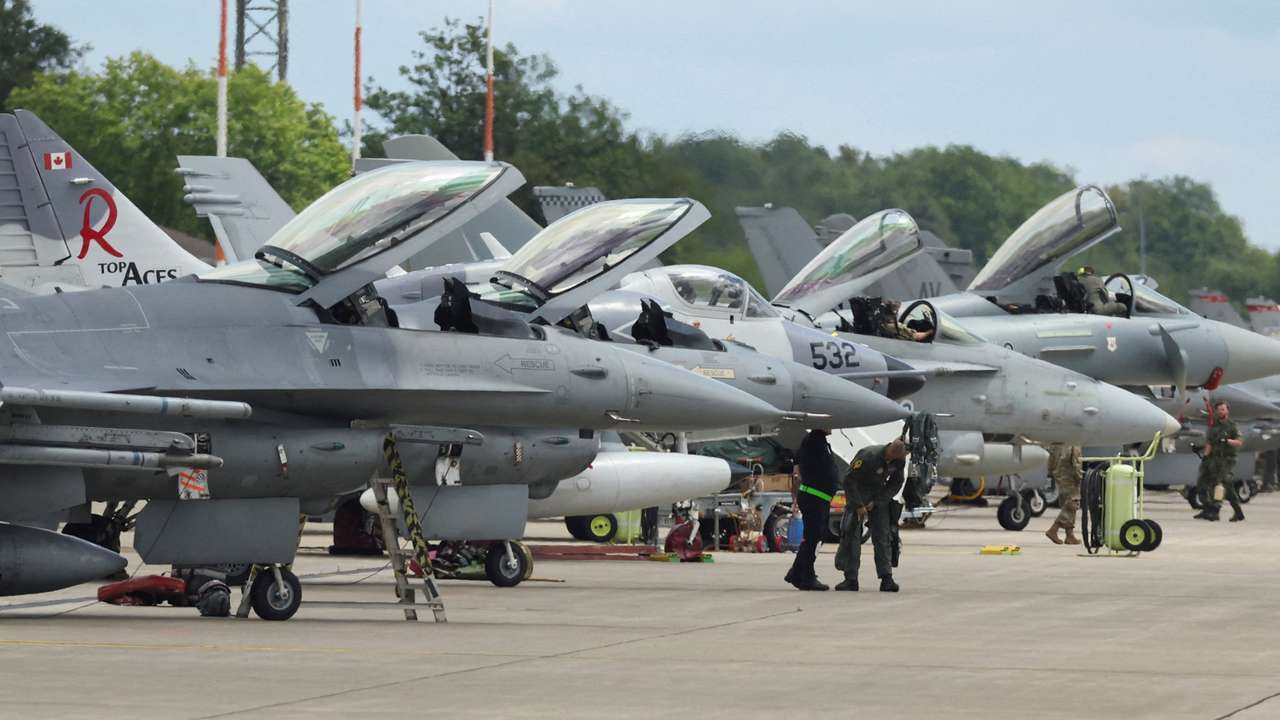 Combat aircraft maneuver exercise over Ramstein