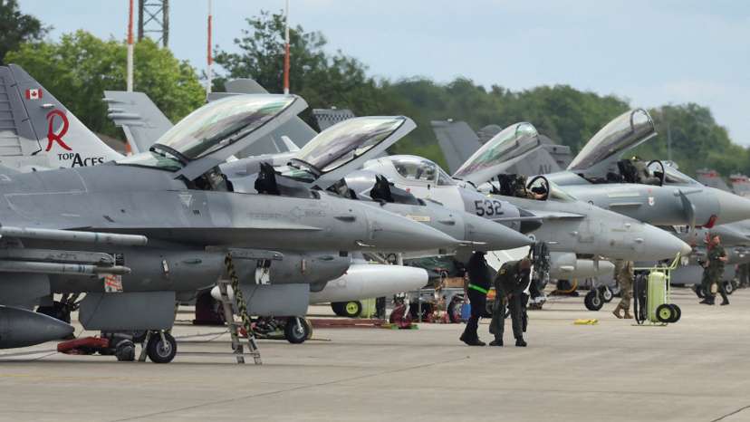 Combat aircraft maneuver exercise over Ramstein