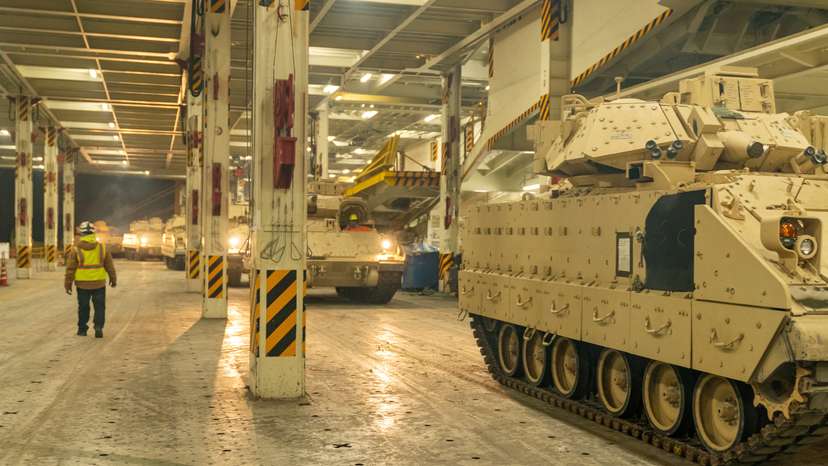 FILE PHOTO: Ukraine-bound Bradley Fighting Vehicles load onto ship in South Carolina