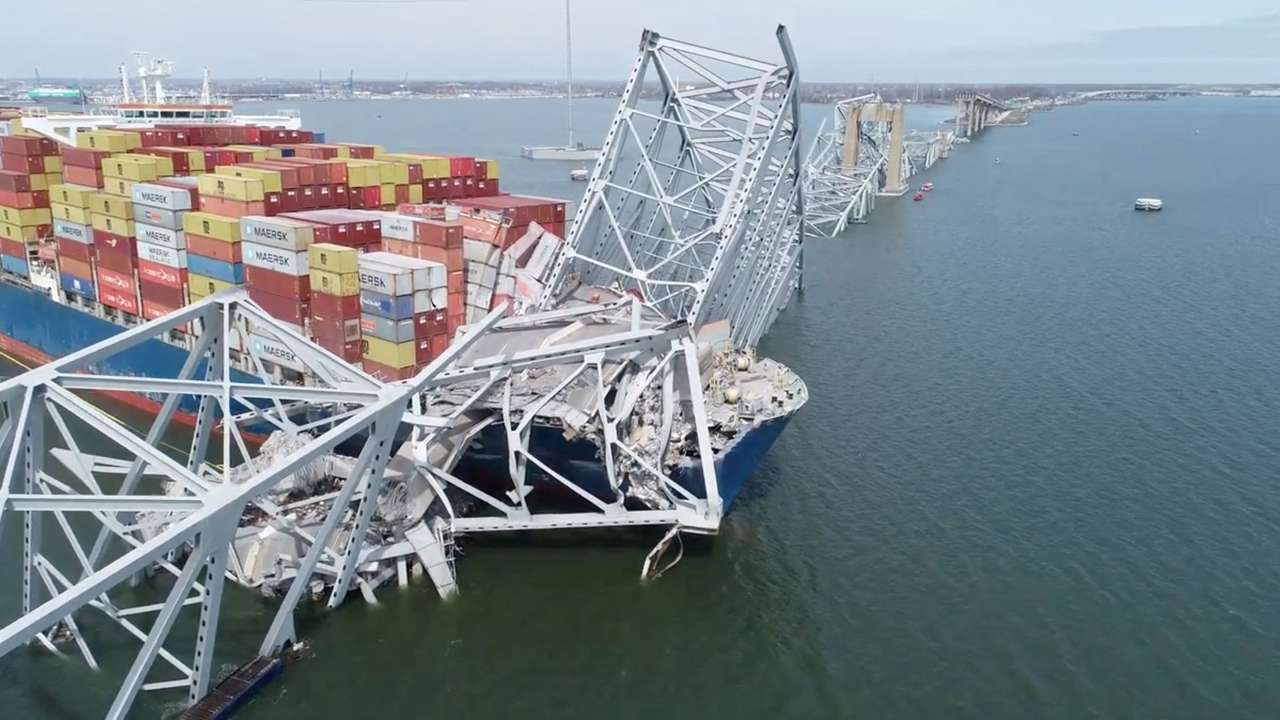 A drone view of the Dali cargo vessel, which crashed into the Francis Scott Key Bridge causing it to collapse, in Baltimore