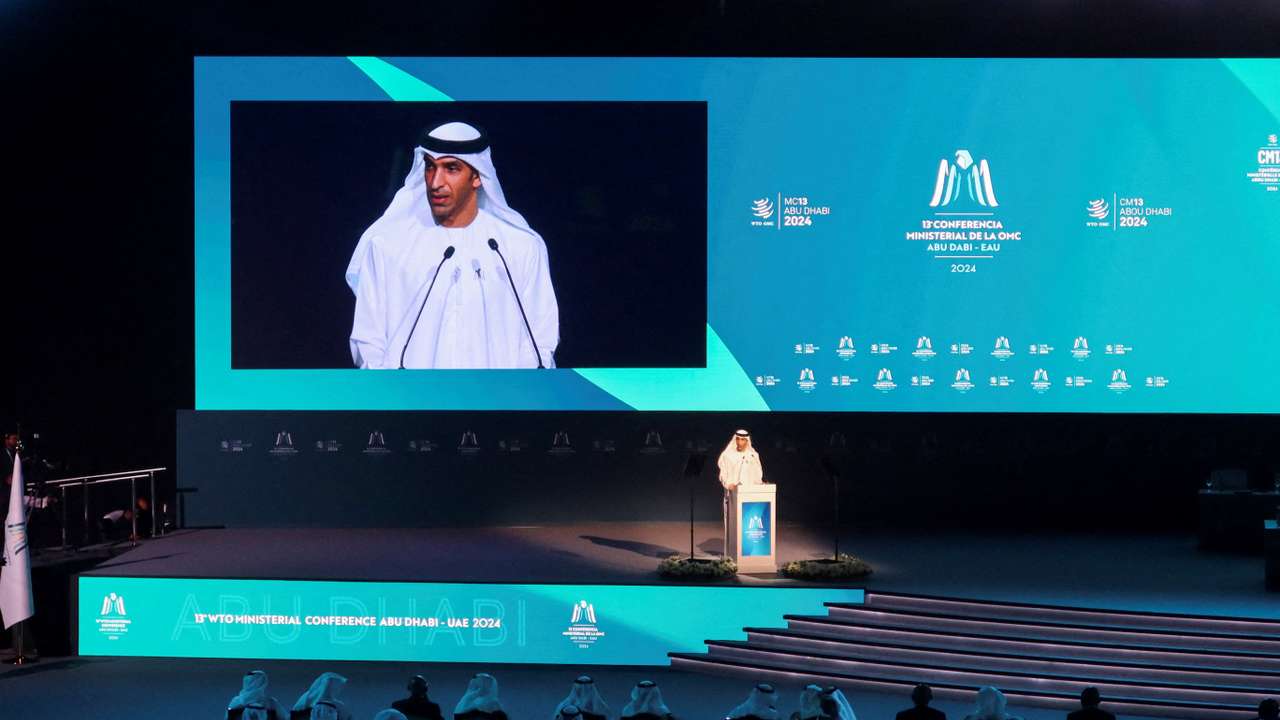 FILE PHOTO: UAE Minister of Foreign Trade Thani bin Ahmed Al Zeyoudi speaks during the opening ceremony of the WTO ministerial meeting in Abu Dhabi