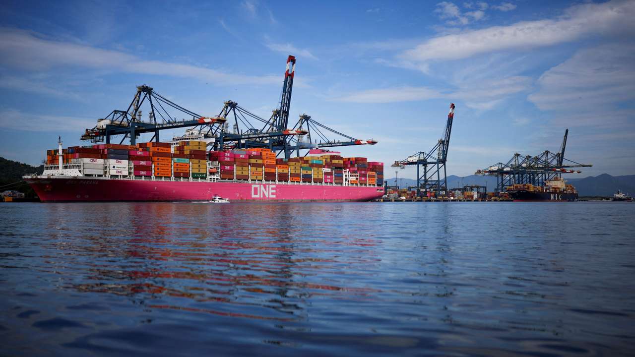 Ships and containers are seen at the Port of Santos, in Santos