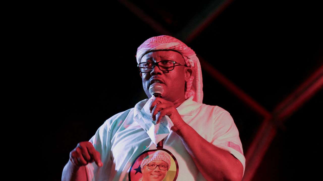FILE PHOTO: Guinea-Bissau President Umaro Sissoco Embalo speaks during his final campaign rally in Bissau
