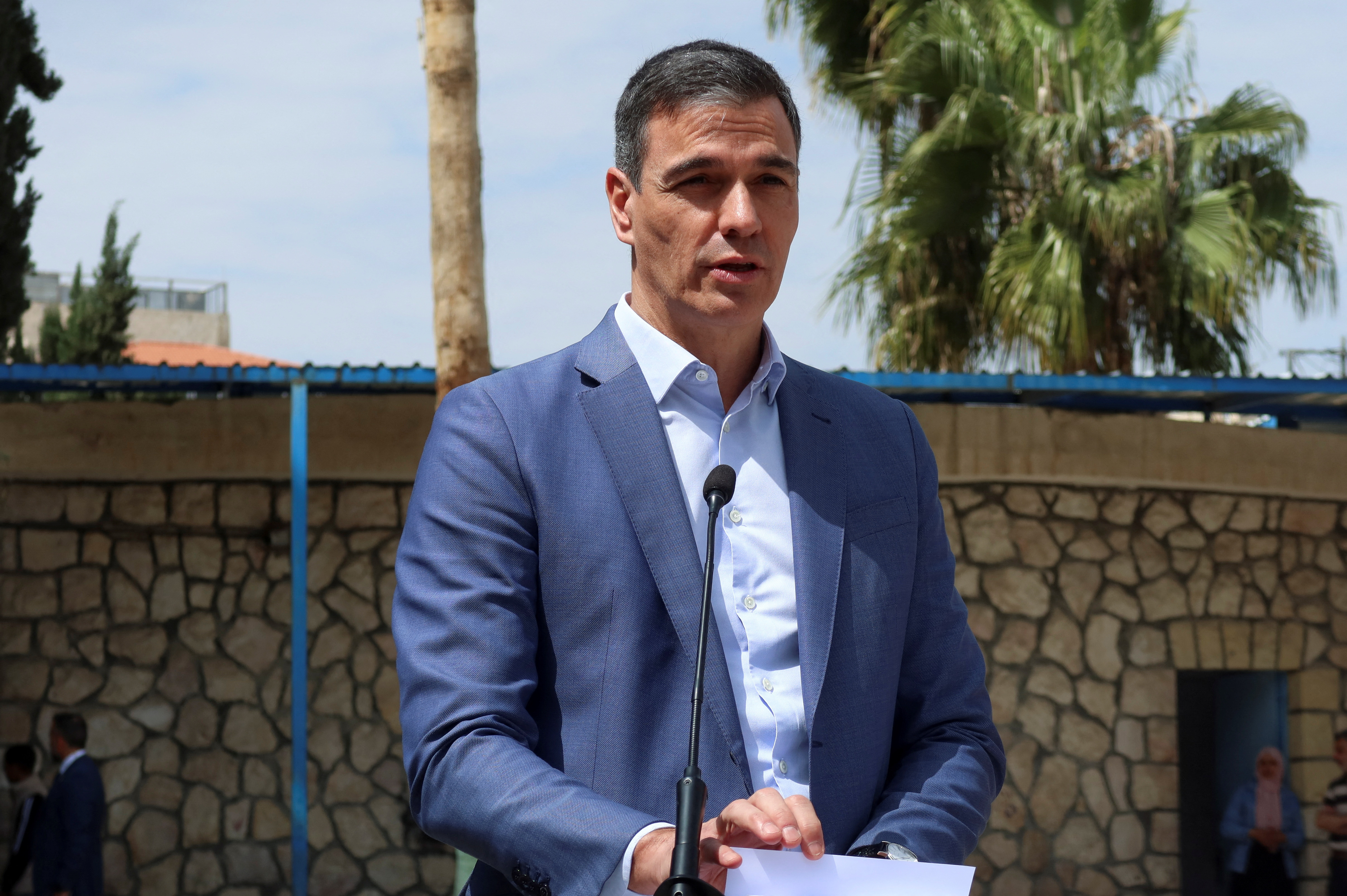 Spanish Prime Minister Pedro Sanchez speaks during a press conference in Amman