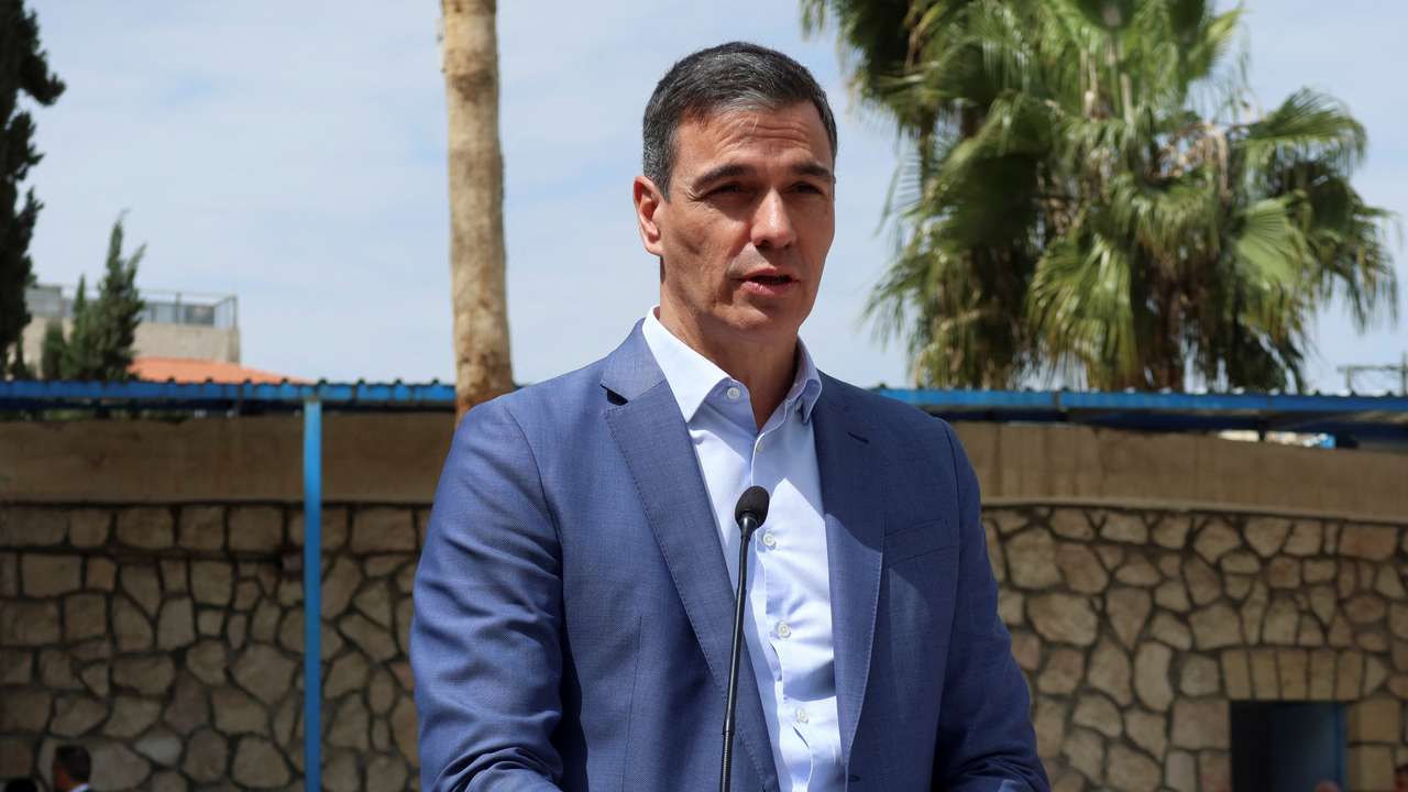 Spanish Prime Minister Pedro Sanchez speaks during a press conference in Amman