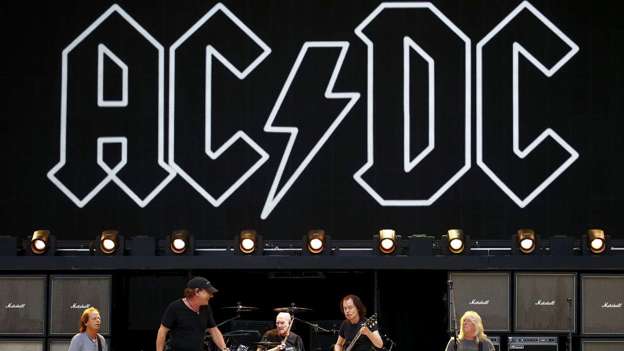 Members of the rock group AC/DC Stevie Young, Brian Johnson, Chris Slade, Angus Young and Cliff Williams perform during a rehearsal at Stadium Australia in Sydney, Australia