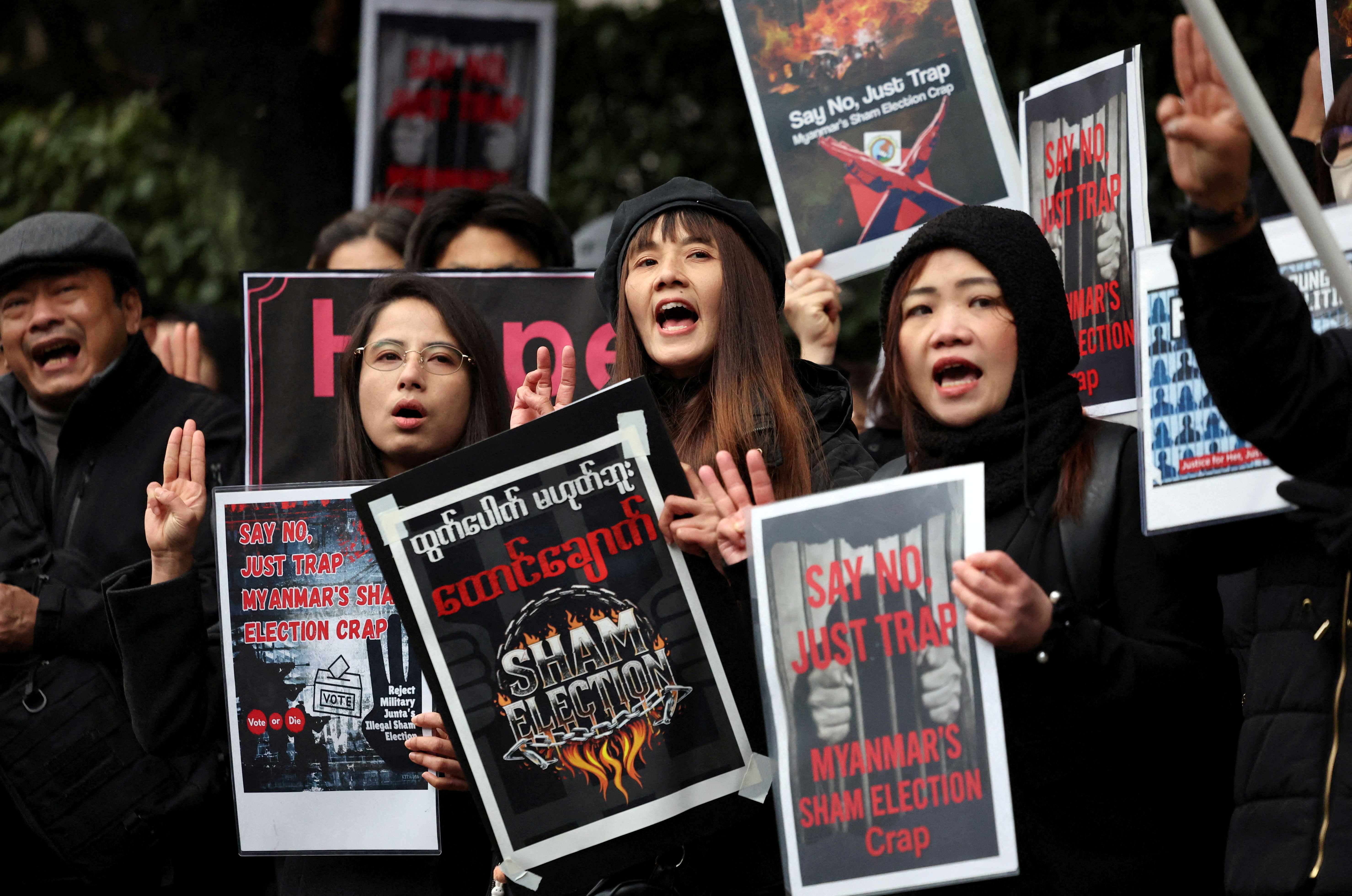 FILE PHOTO: Myanmar protesters residing in Japan hold a rally denouncing an upcoming election, in Tokyo