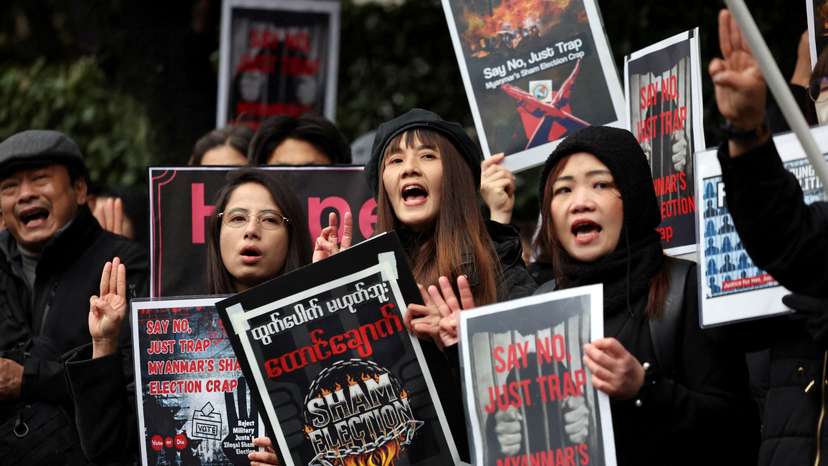 FILE PHOTO: Myanmar protesters residing in Japan hold a rally denouncing an upcoming election, in Tokyo