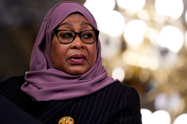 FILE PHOTO: Tanzanian President Samia Suluhu Hassan speaks during a meeting at the White House in Washington