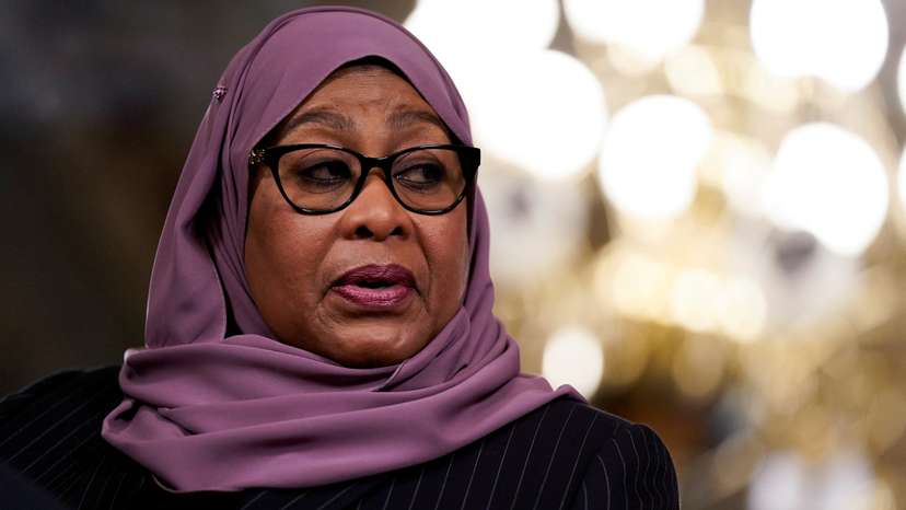 FILE PHOTO: Tanzanian President Samia Suluhu Hassan speaks during a meeting at the White House in Washington