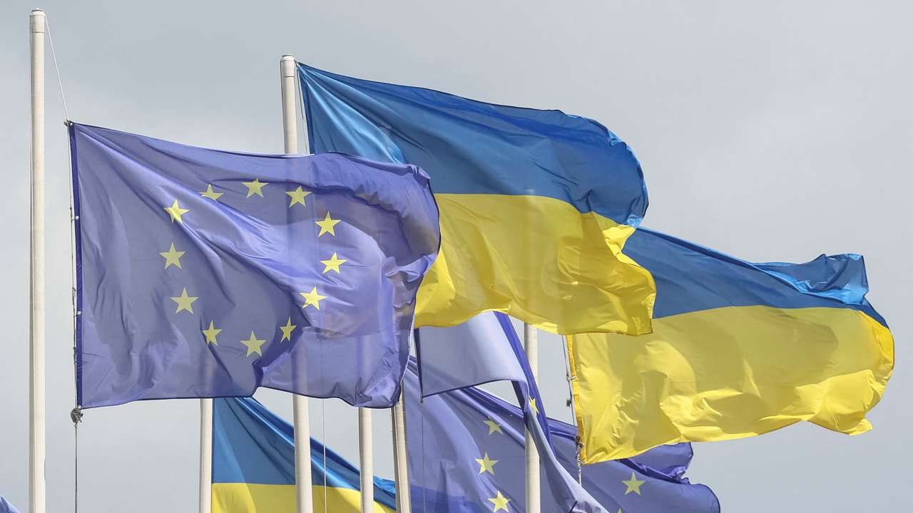 Ukrainian and European flags fly in central Kyiv