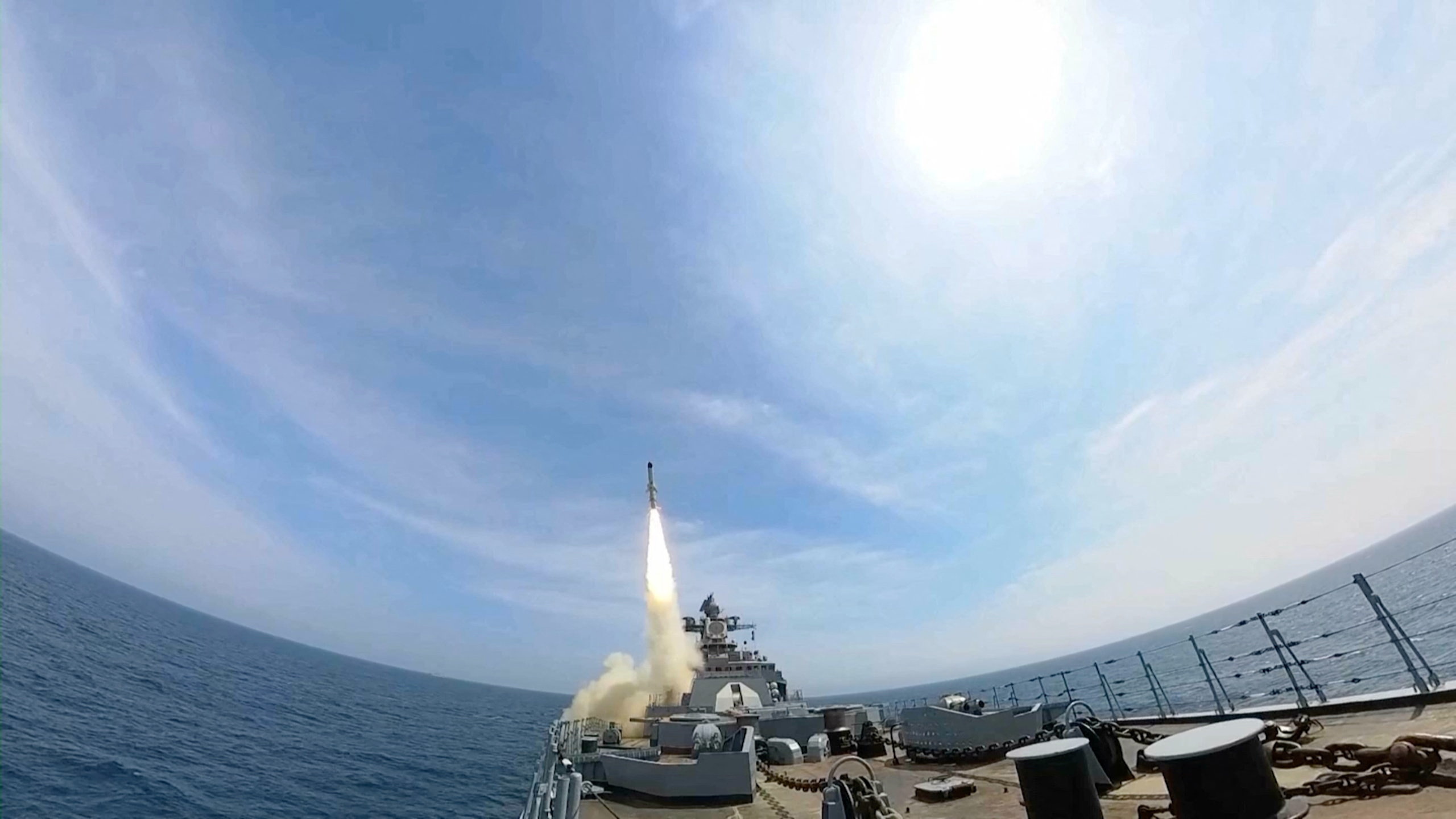 Russian frigate Marshal Shaposhnikov fires an anti-ship cruise missile during drills in the Sea of Japan