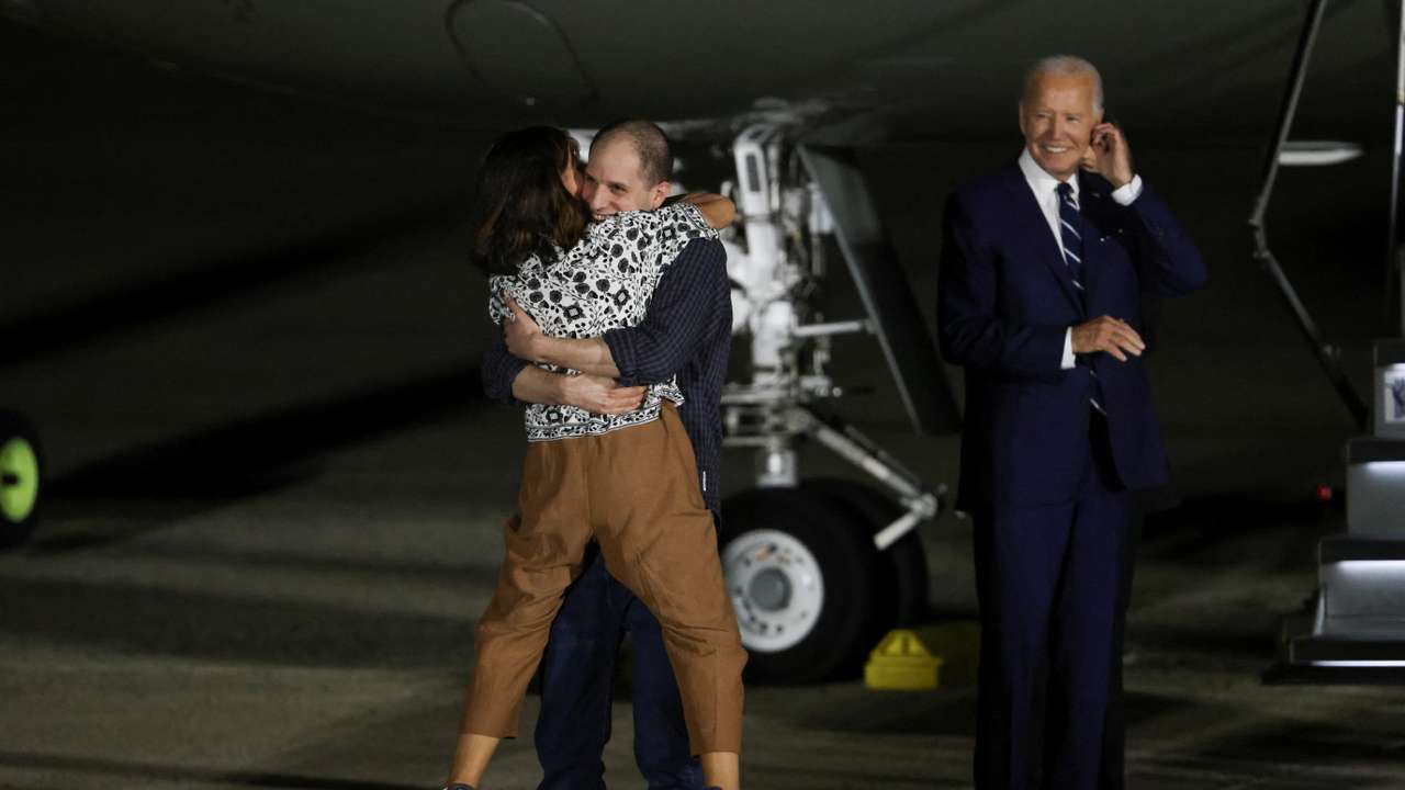 U.S. President Joe Biden meets with Americans released from detention in Russia, upon their arrival at Joint Base Andrews