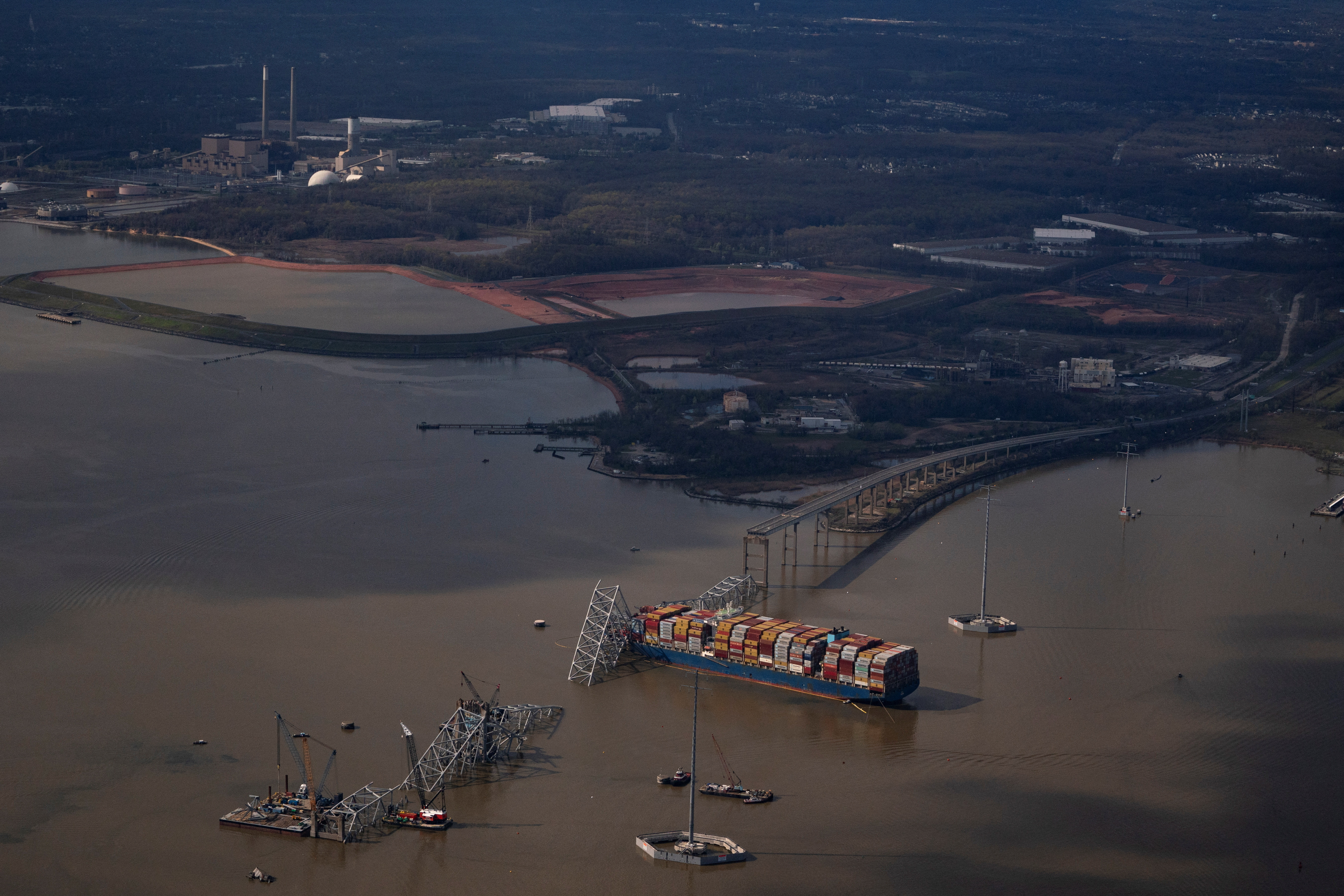View of the Dali cargo vessel which crashed into the Francis Scott Key Bridge causing it to collapse in Baltimore, Maryland