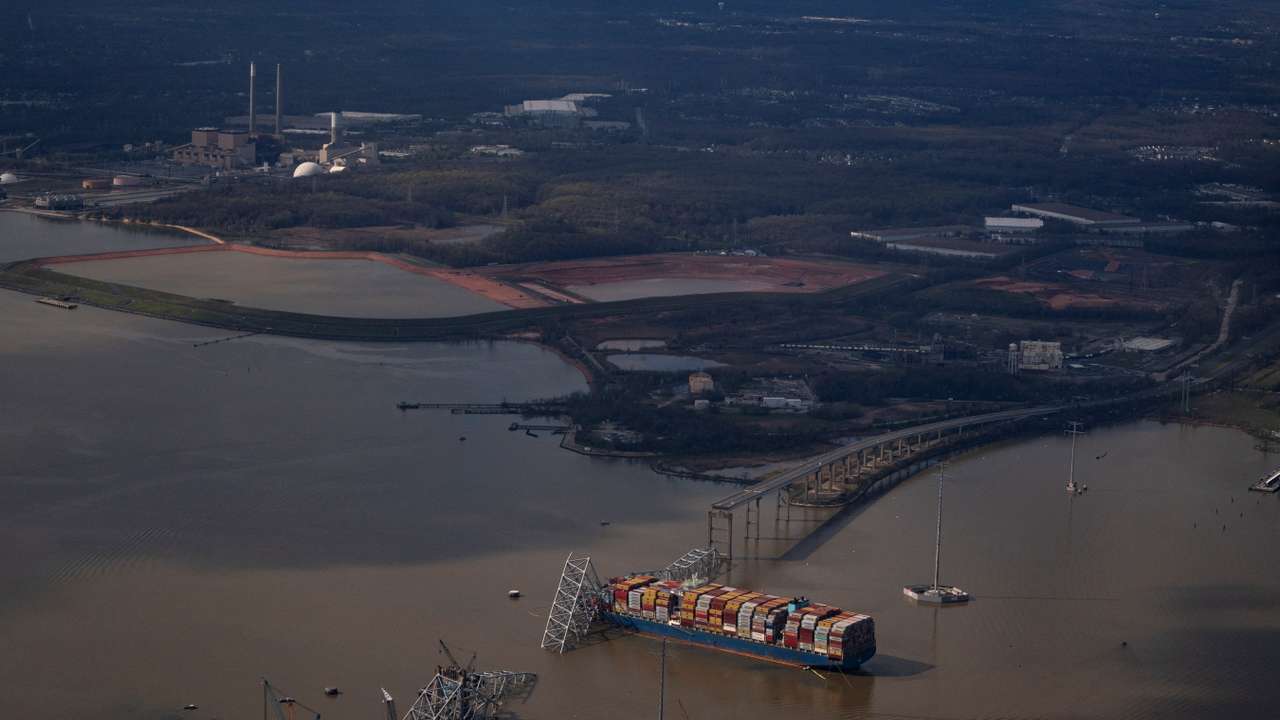 View of the Dali cargo vessel which crashed into the Francis Scott Key Bridge causing it to collapse in Baltimore, Maryland