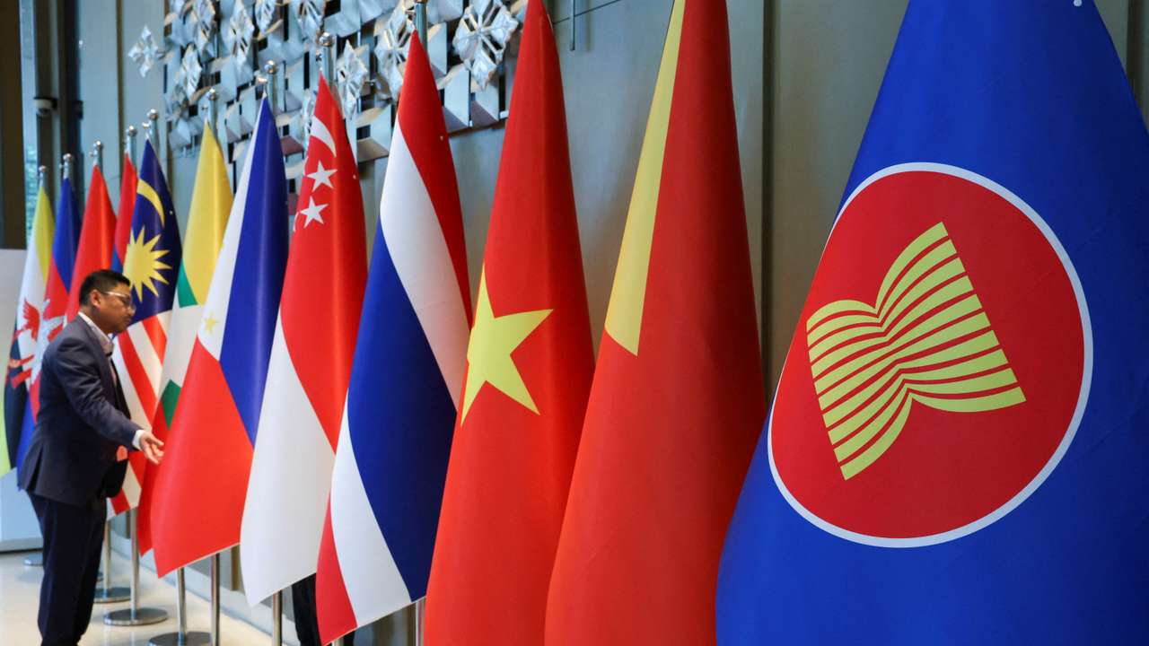 The ASEAN flag is placed alongside the flags of its member countries ahead of the ASEAN Foreign Ministers' Retreat in Langkawi, Malaysia January 17, 2025. REUTERS/Hasnoor Hussain