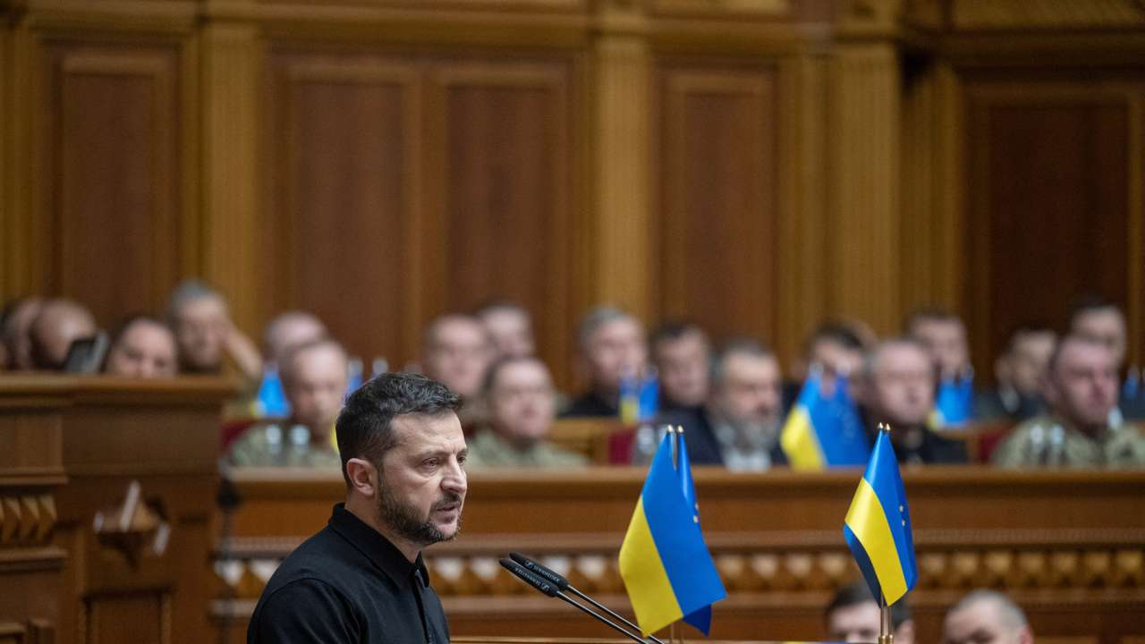 Ukraine's President Zelenskiy addresses lawmakers during a parliament session in Kyiv