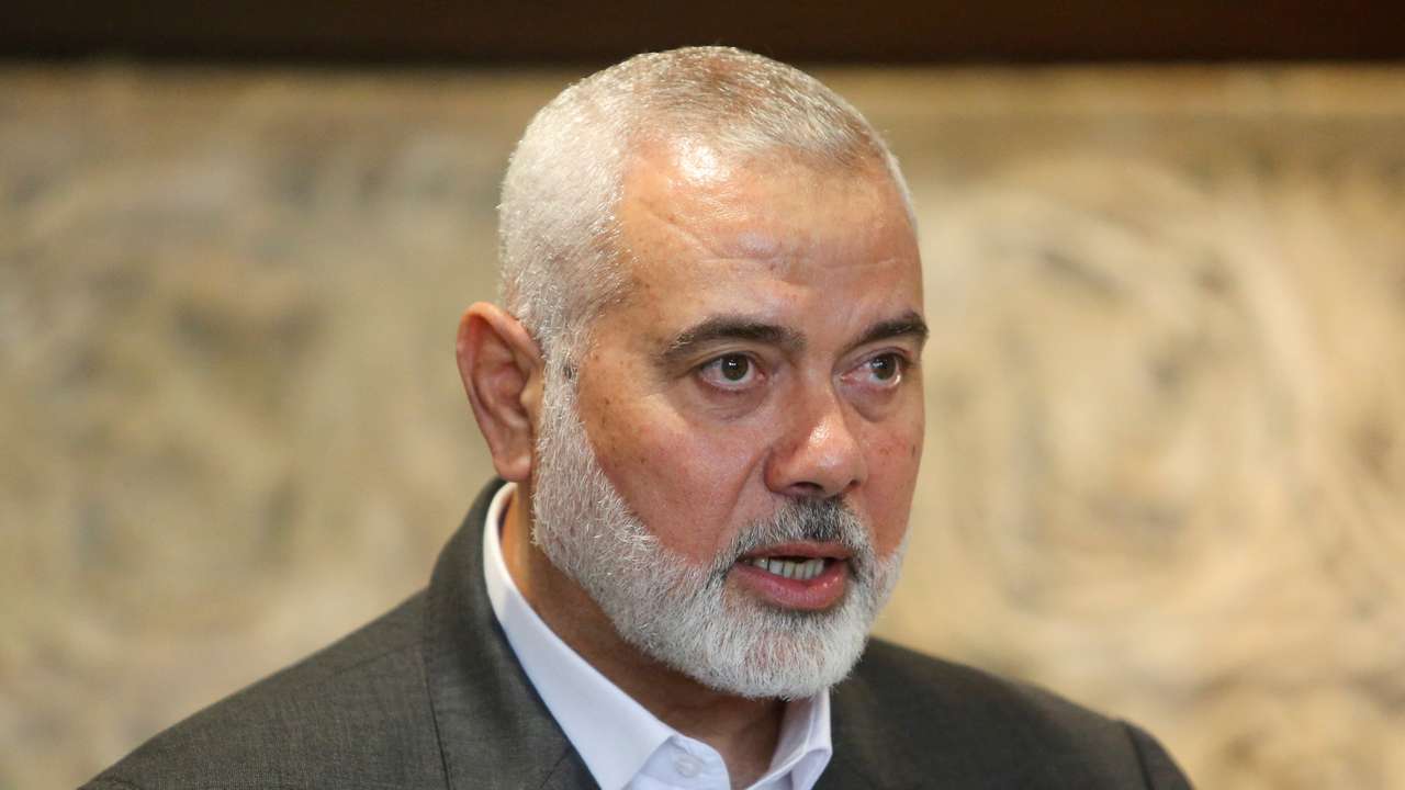 FILE PHOTO: Palestinian group Hamas' top leader, Ismail Haniyeh talks after meeting with Lebanese Parliament Speaker Nabih Berri in Beirut
