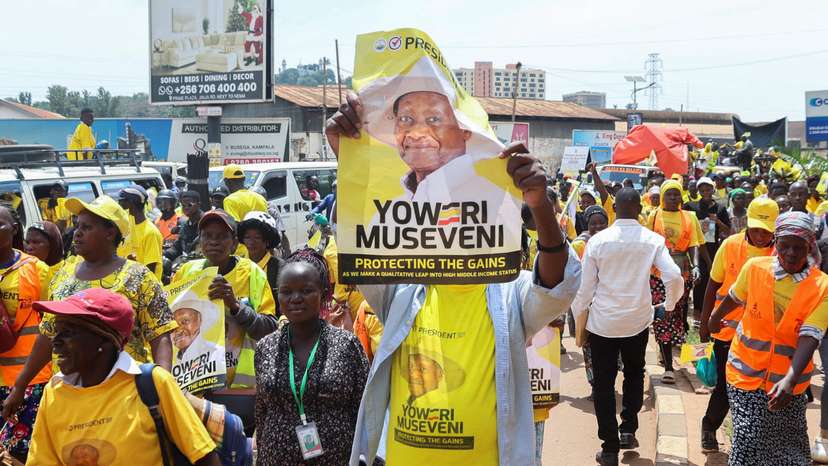 Supporters of Uganda's President and the leader of ruling NRM party Yoweri Museveni, attend his campaign rally in Kampala
