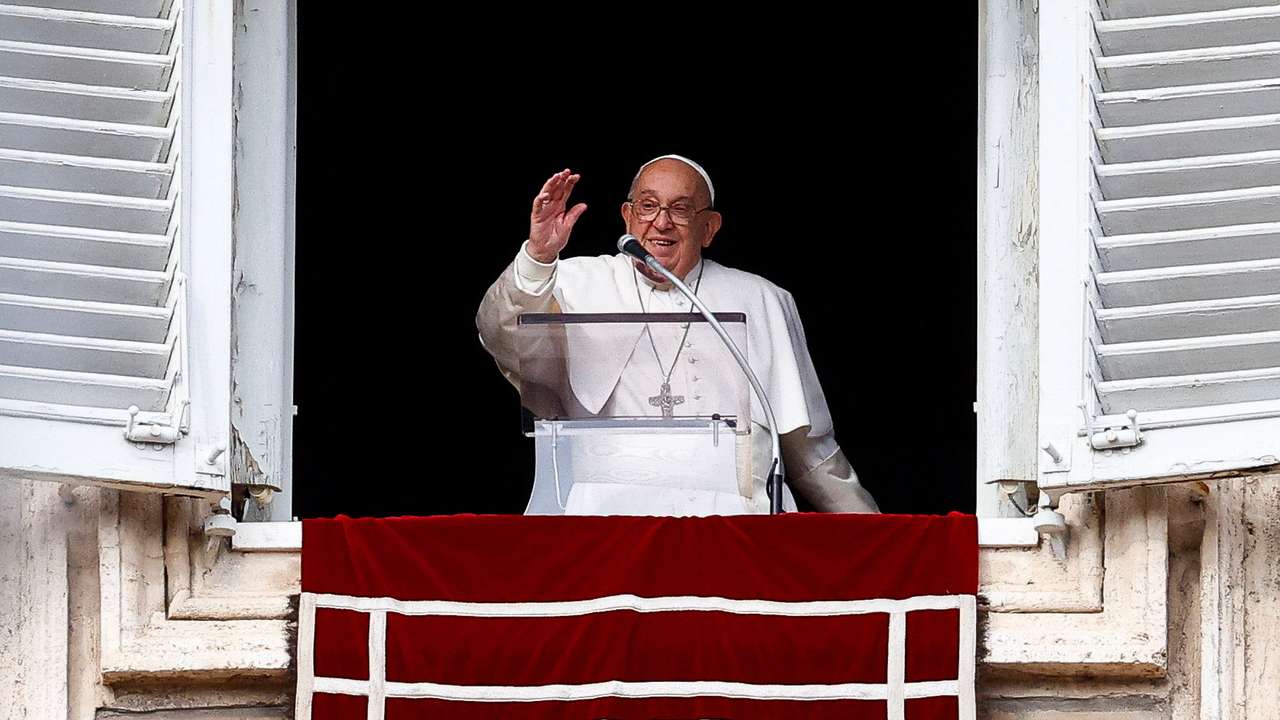 Pope Francis leads the Angelus prayer from his window, at the Vatican