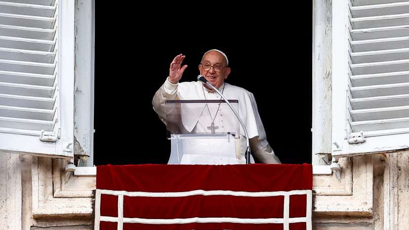 Pope Francis leads the Angelus prayer from his window, at the Vatican