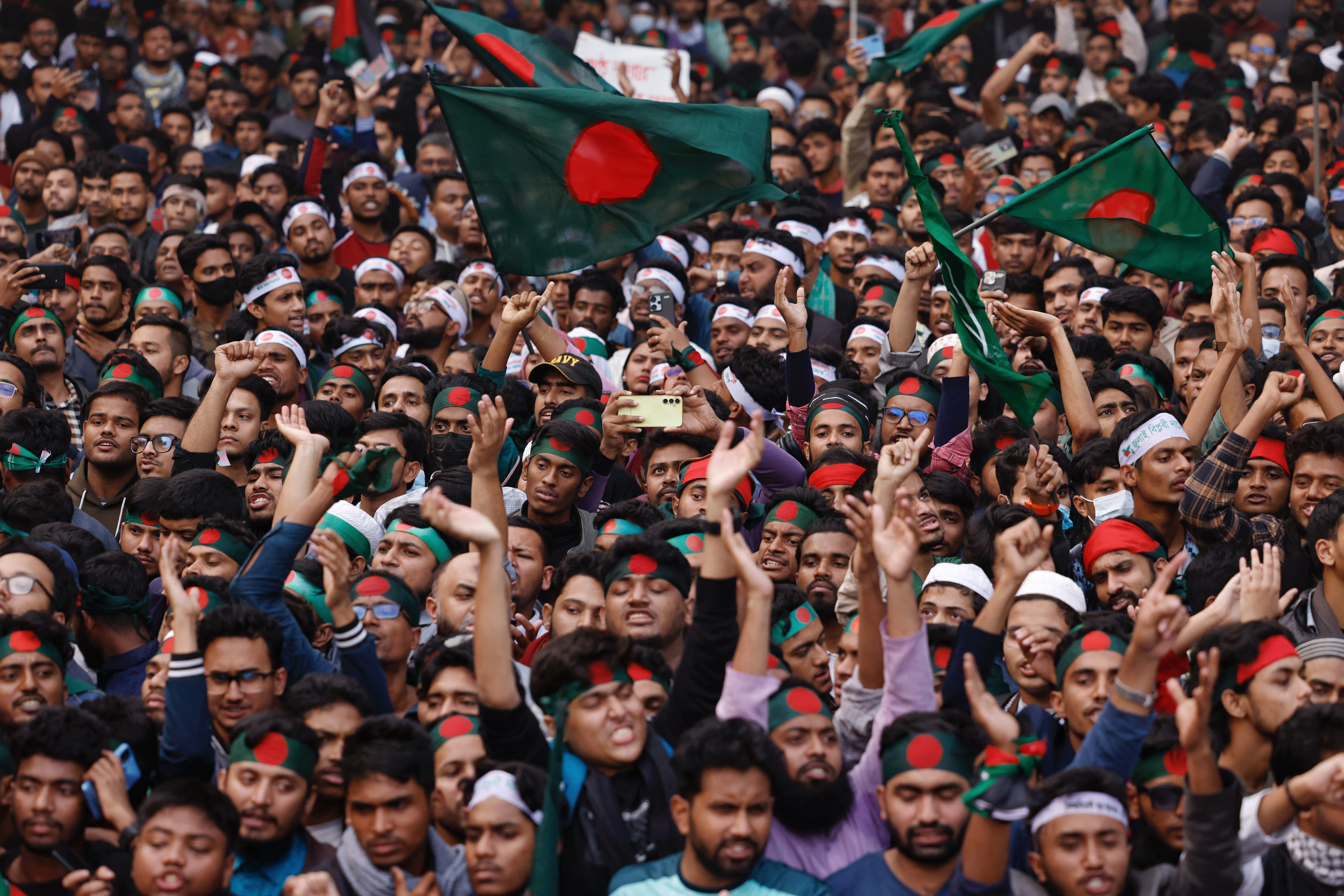 The Students Against Discrimination group holds the "March for Unity" rally at the Central Shaheed Minar, in Dhaka