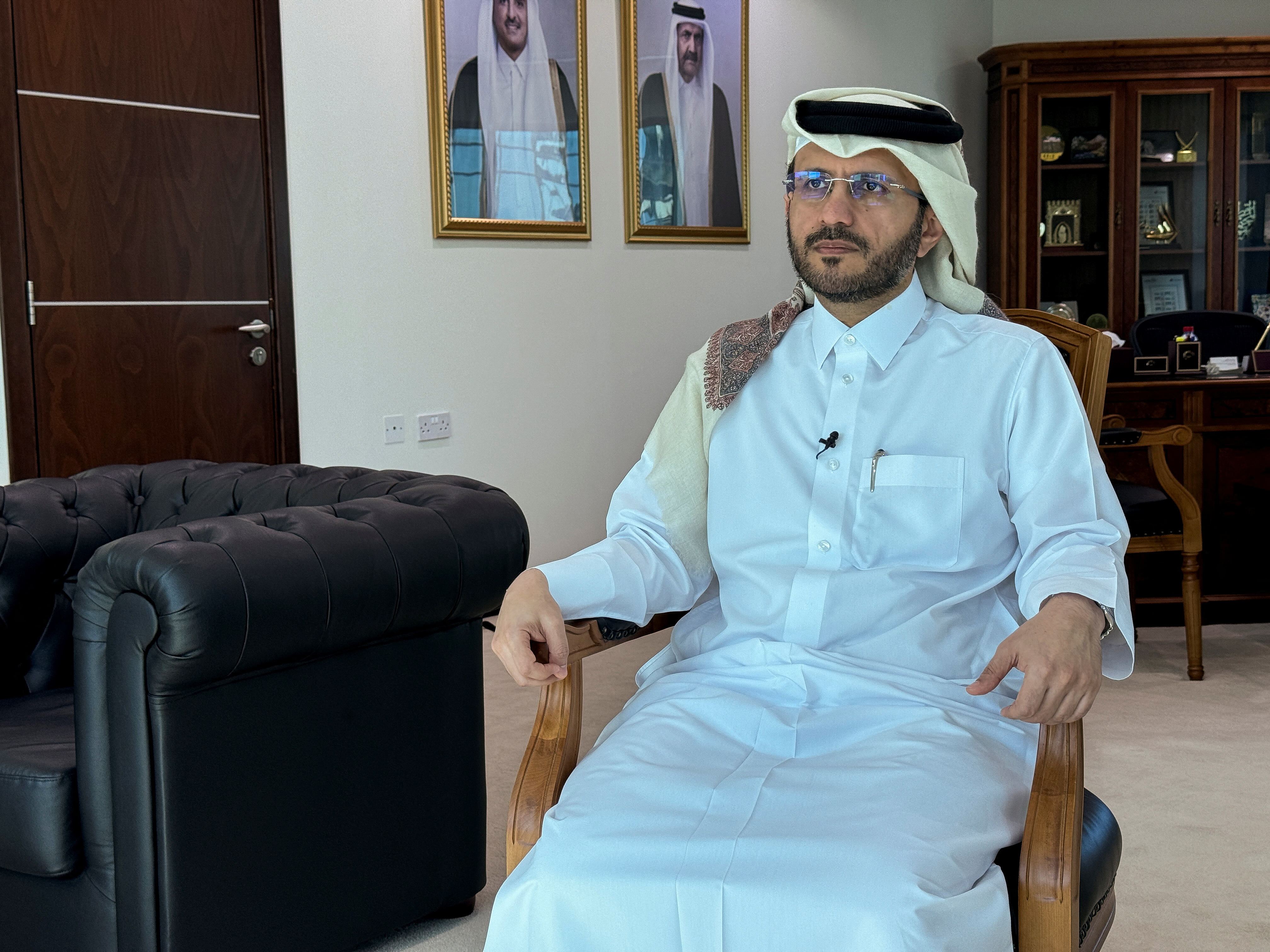 Qatar's Ministry of Foreign Affairs spokesperson, Majed Al Ansari, speaking to Reuters after Qatar helped mediate a ceasefire agreement in Gaza, in Doha