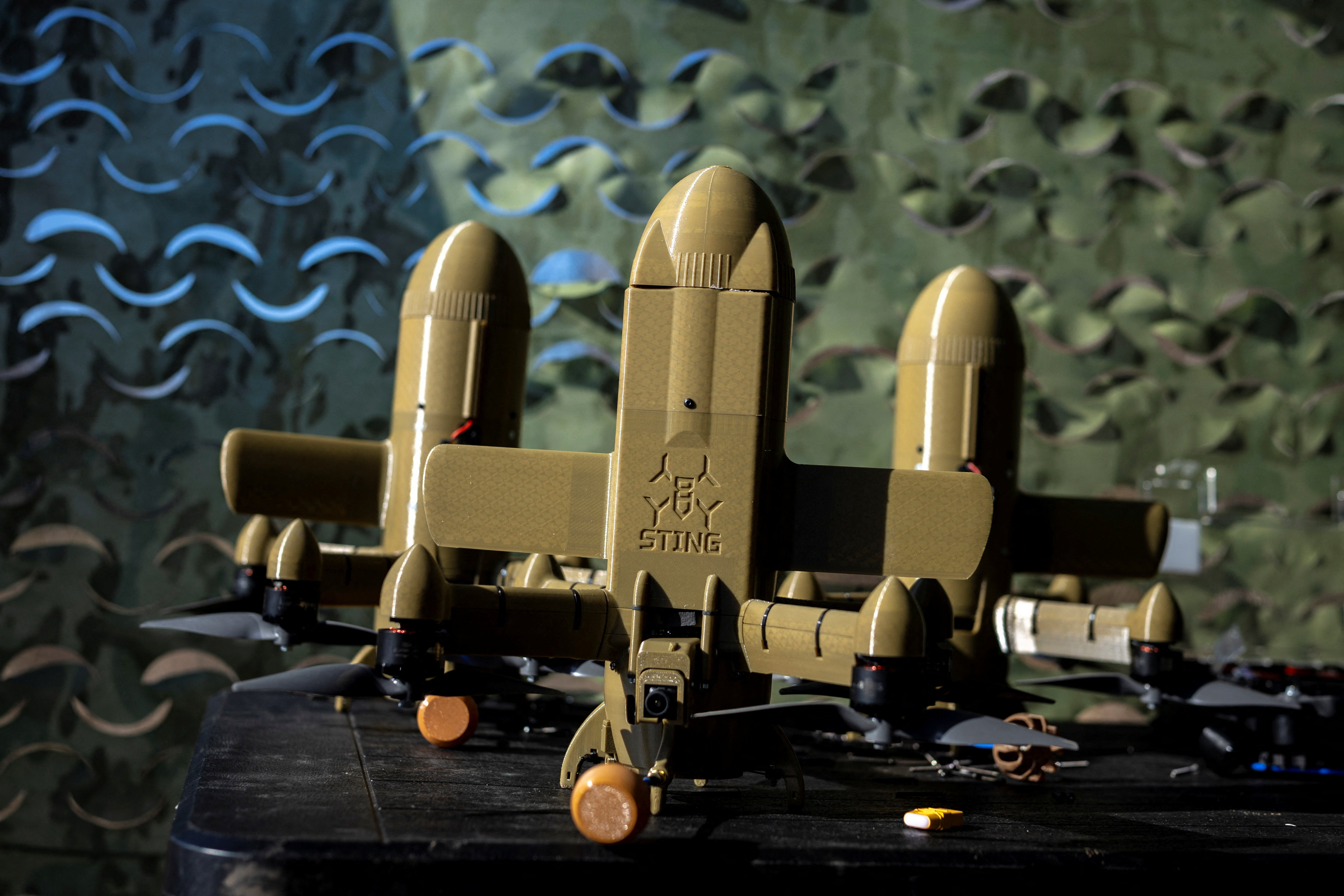 Wild Hornets engineers demonstrate Ukrainian Sting interceptor drones in Ukraine