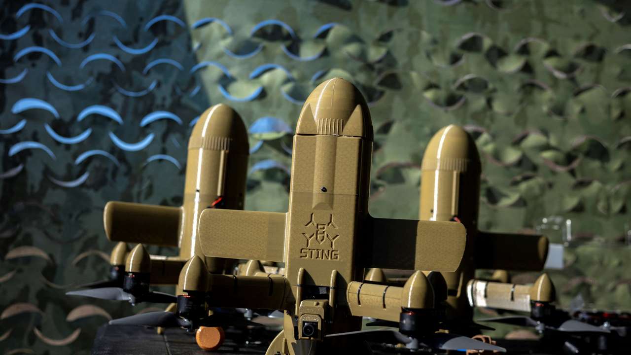 Wild Hornets engineers demonstrate Ukrainian Sting interceptor drones in Ukraine