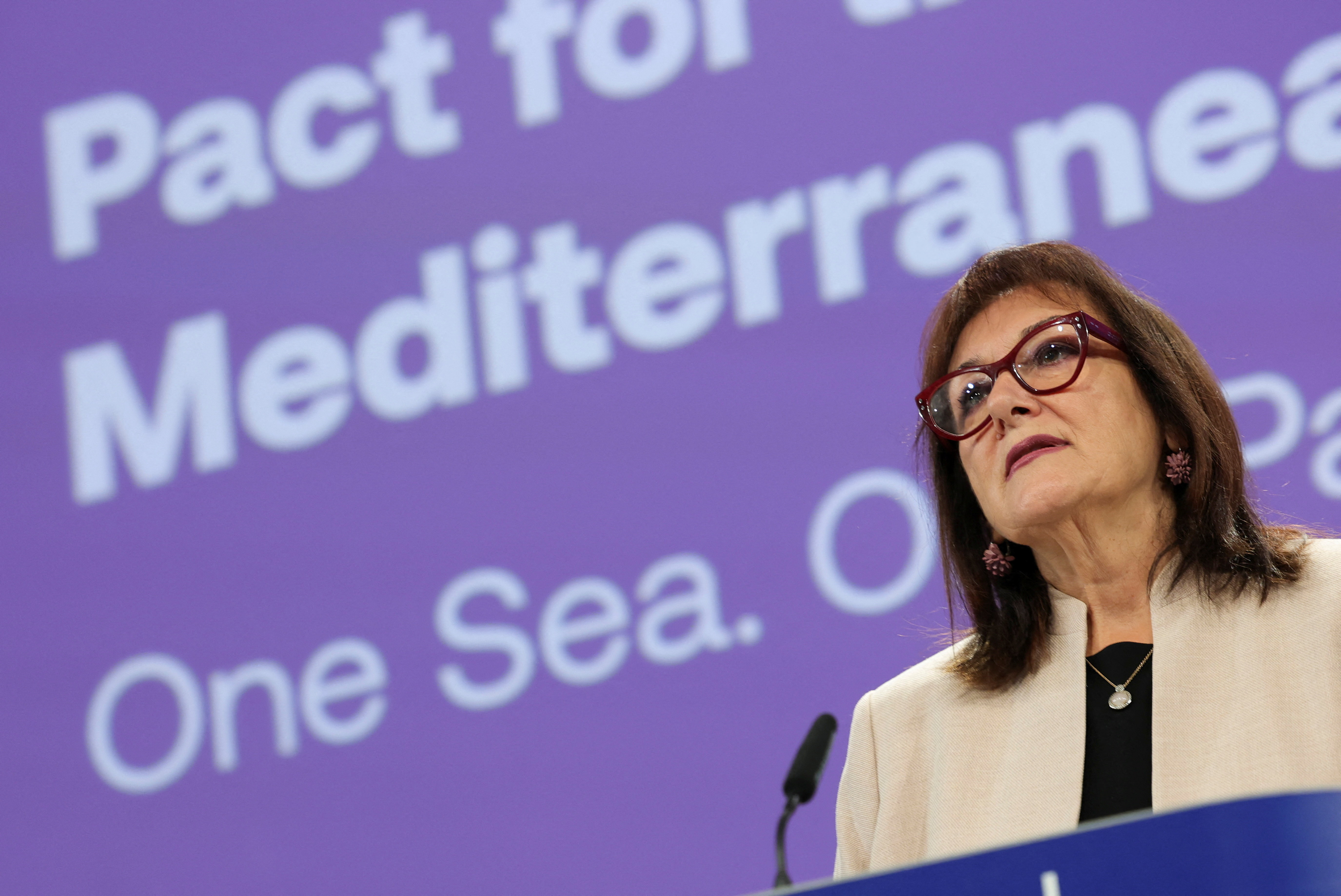 European Commissioner for Mediterranean Suica at a press conference on the Pact for the Mediterranean in Brussels