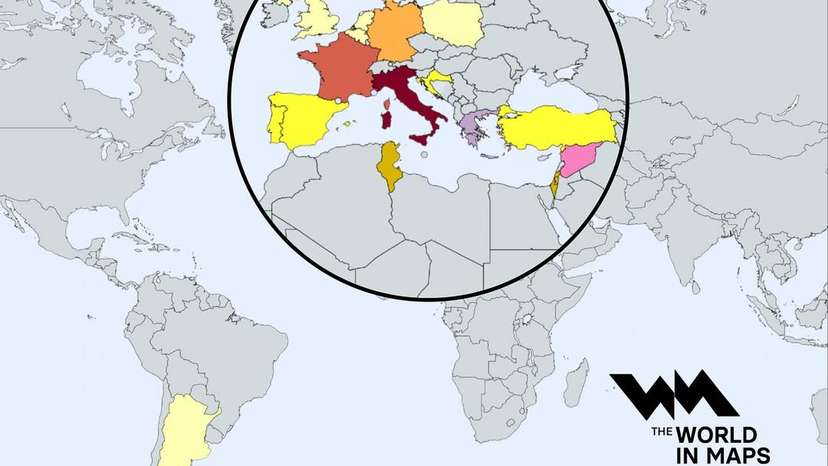 Map shows modern-day countries where Roman Catholic Popes were born.Since the beginning of the papacy, the vast majority of Popes—217 in total—have come from modern-day Italy, highlighting Rome’s central role in t