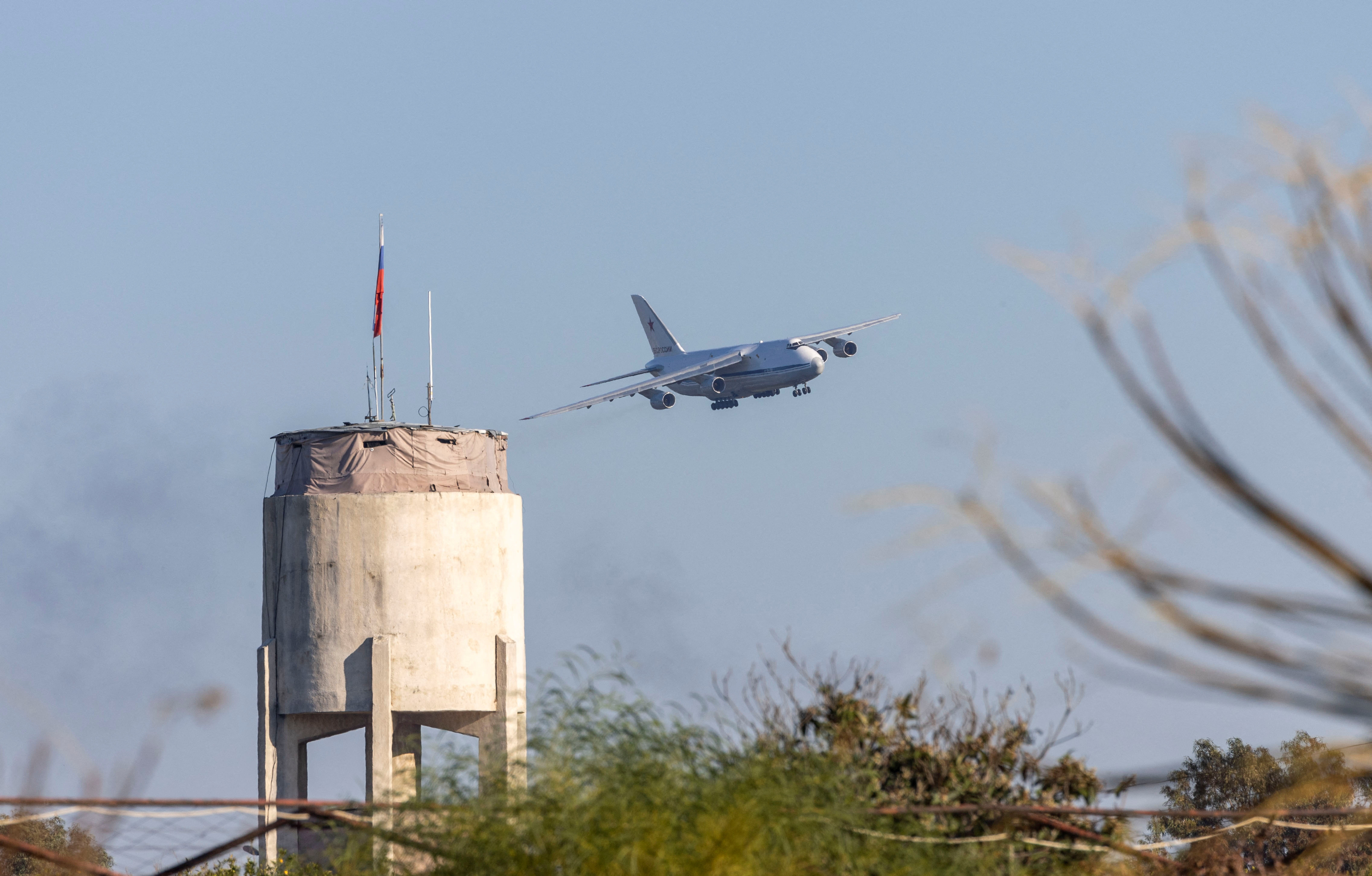 A Russian military aircraft approaches Hmeimim air base in Syria's coastal Latakia