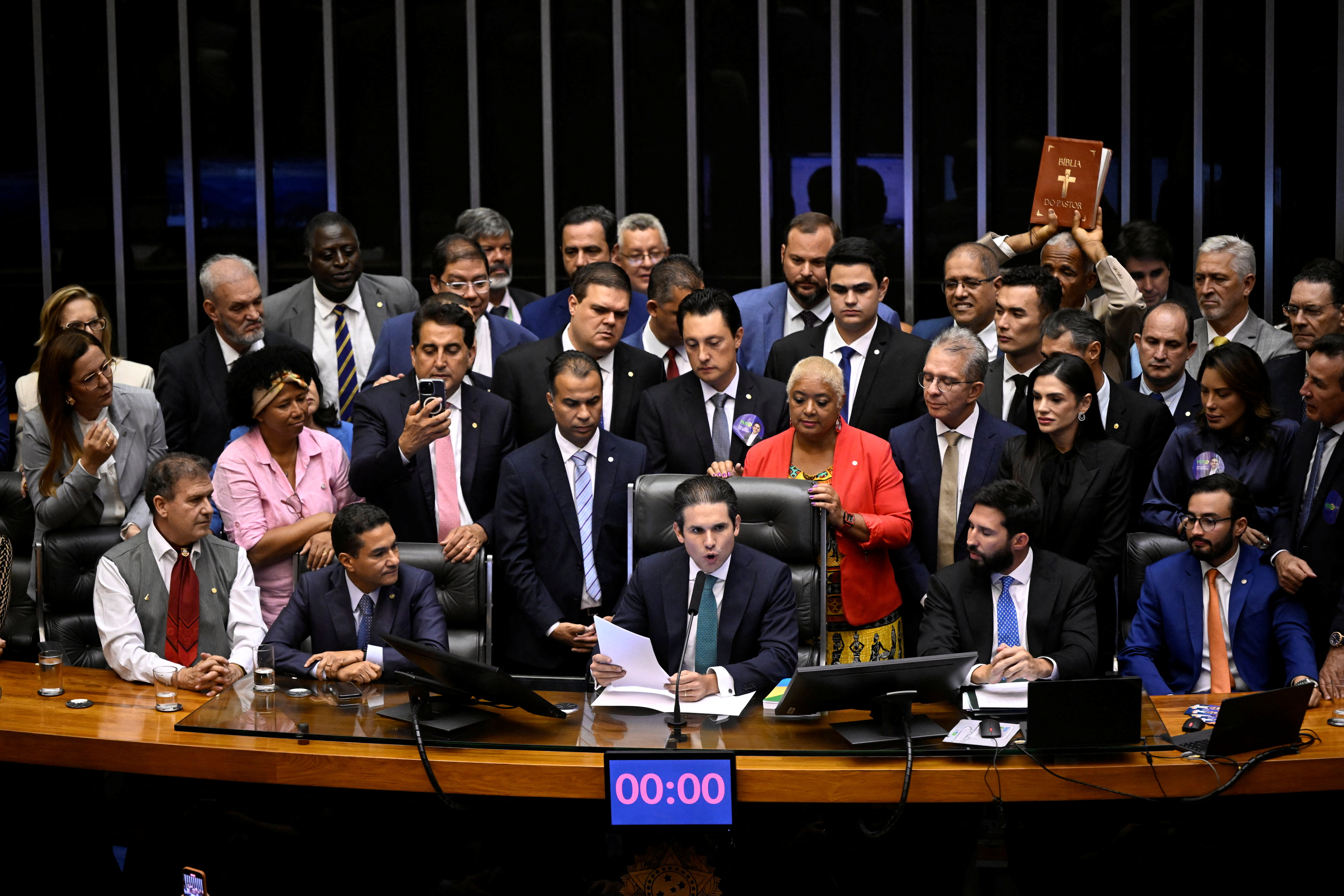 Deputy Hugo Motta, elected new Lower House Speaker, speaks during the session in Brasilia