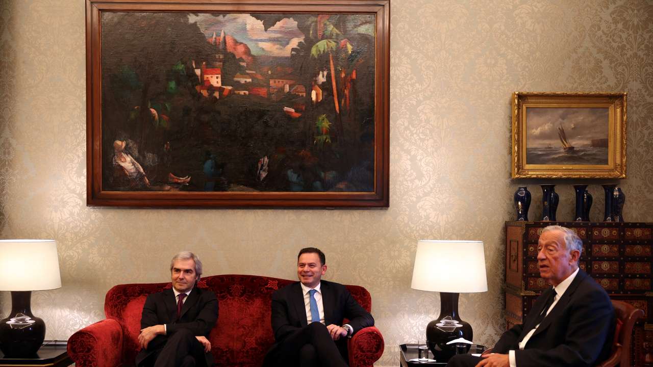 Portugal President Marcelo Rebelo de Sousa receives Social Democratic Party (PSD) and Democratic Alliance (AD) leader Luis Montenegro in Belem Palace