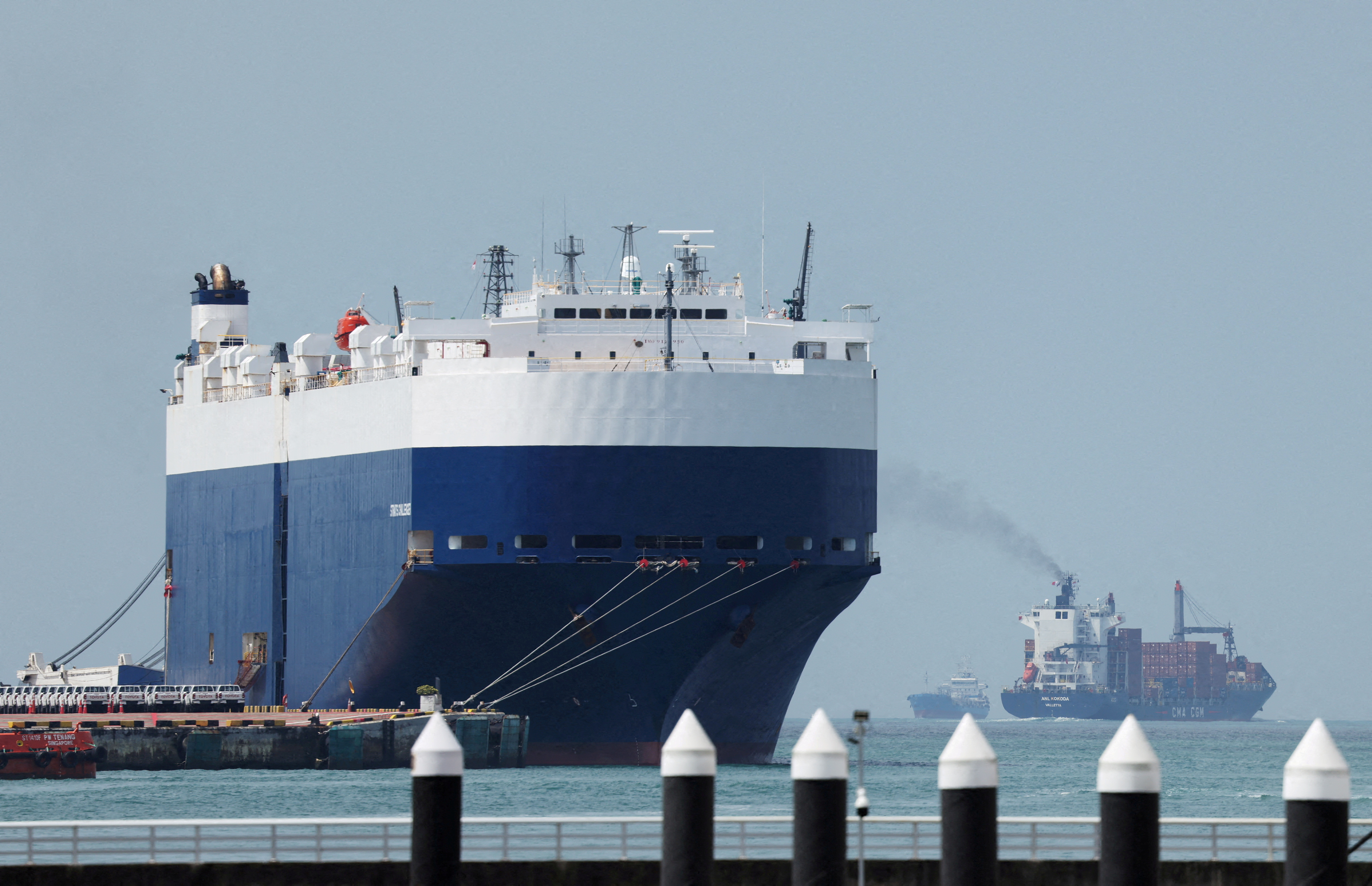 FILE PHOTO: A container ship passes a car cargo ship at a port terminal in Singapore