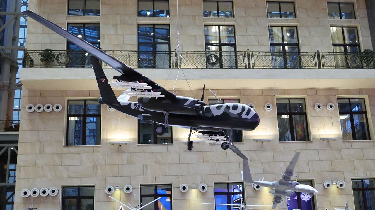 A view shows military drones exhibited at the National Defence Control Centre of Russian Defence Ministry in Moscow