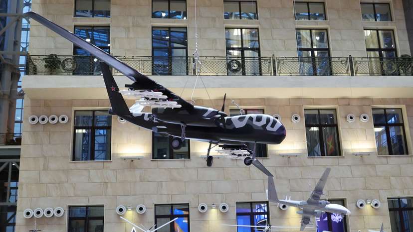 A view shows military drones exhibited at the National Defence Control Centre of Russian Defence Ministry in Moscow