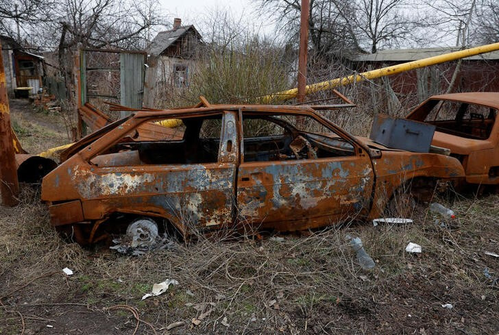 A view shows the remains of destroyed cars in Avdiivka