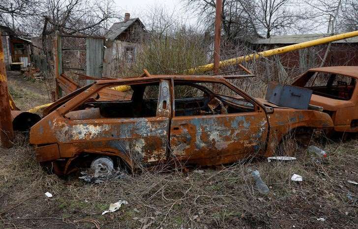 A view shows the remains of destroyed cars in Avdiivka