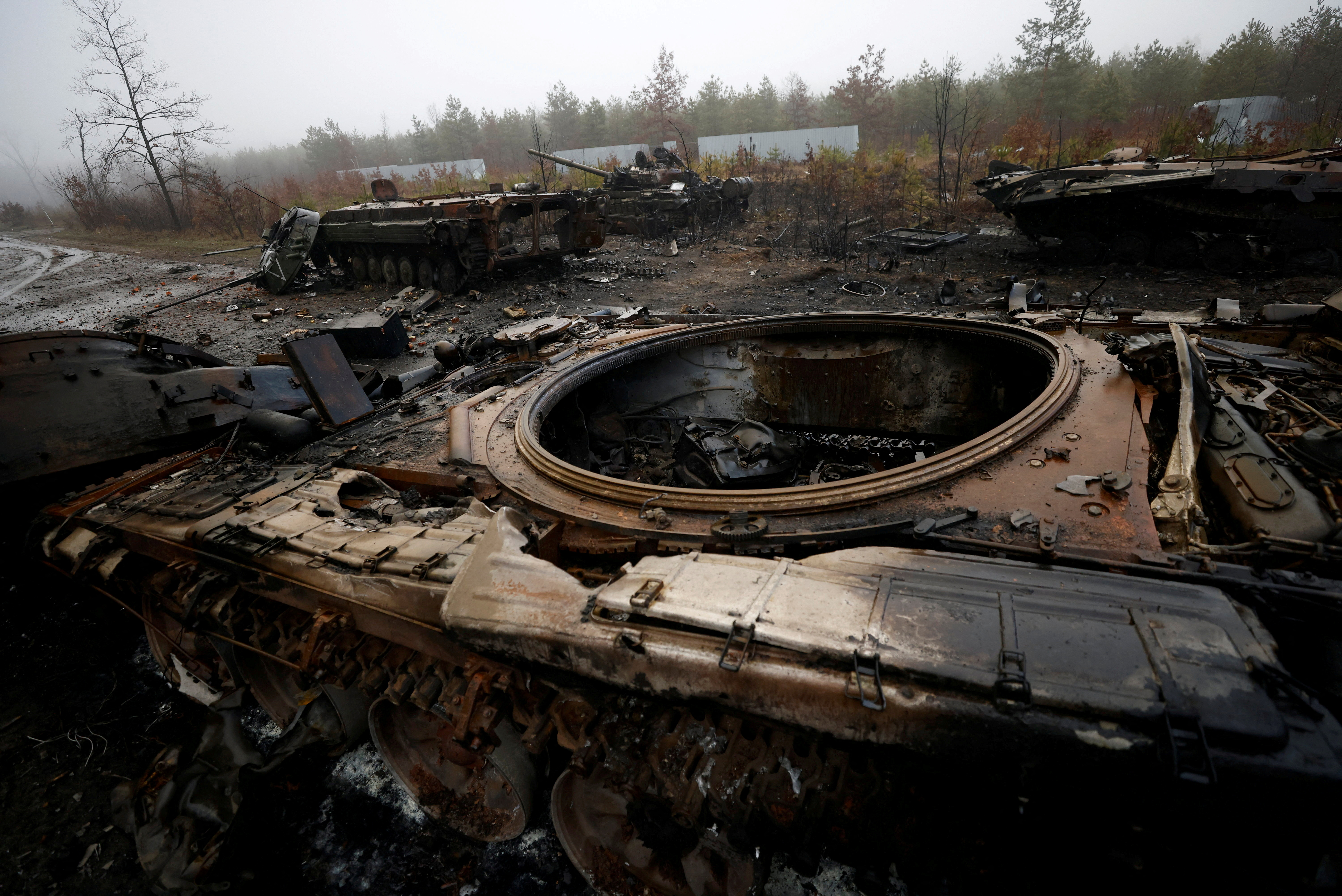 FILE PHOTO: A view of destroyed Russian tanks and armoured vehicles in Dmytrivka village