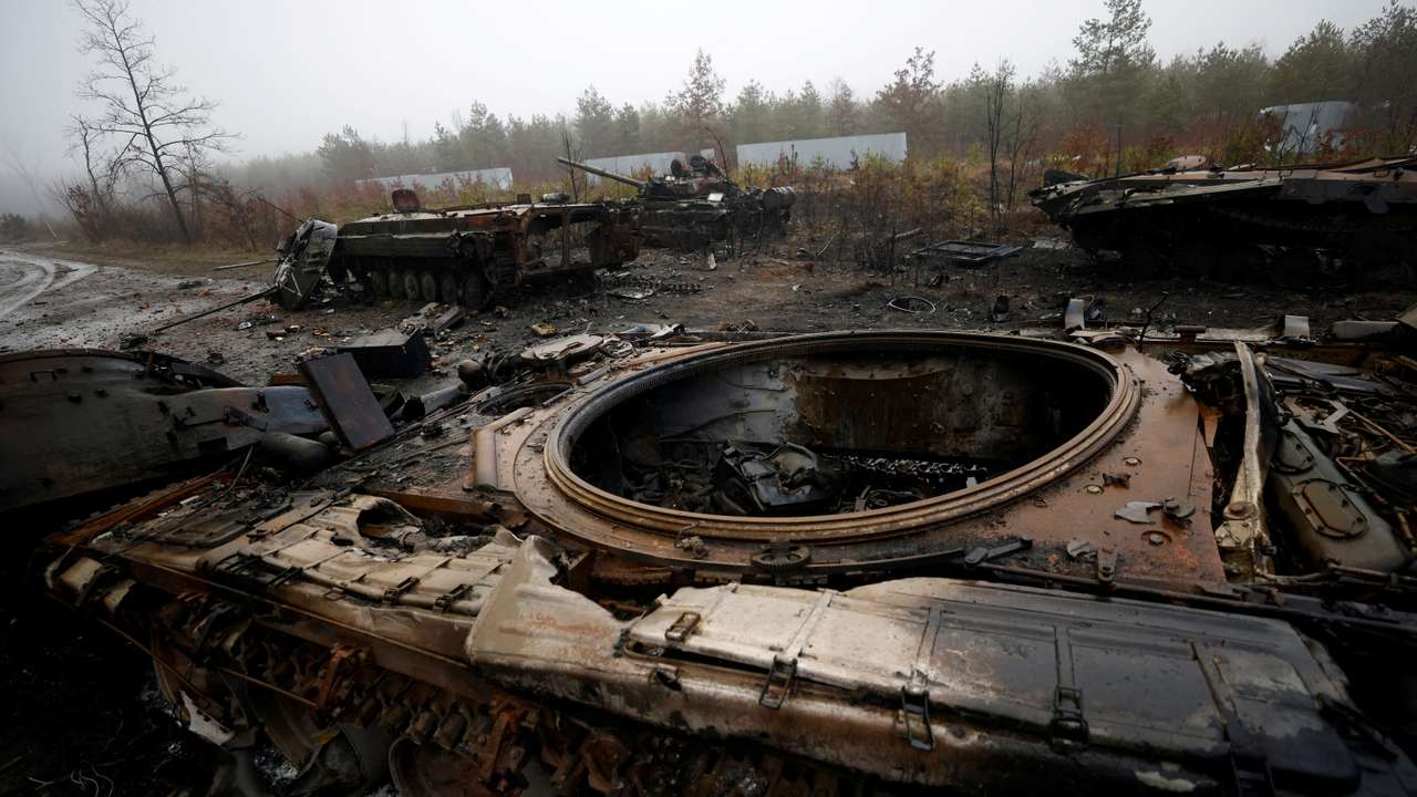 FILE PHOTO: A view of destroyed Russian tanks and armoured vehicles in Dmytrivka village