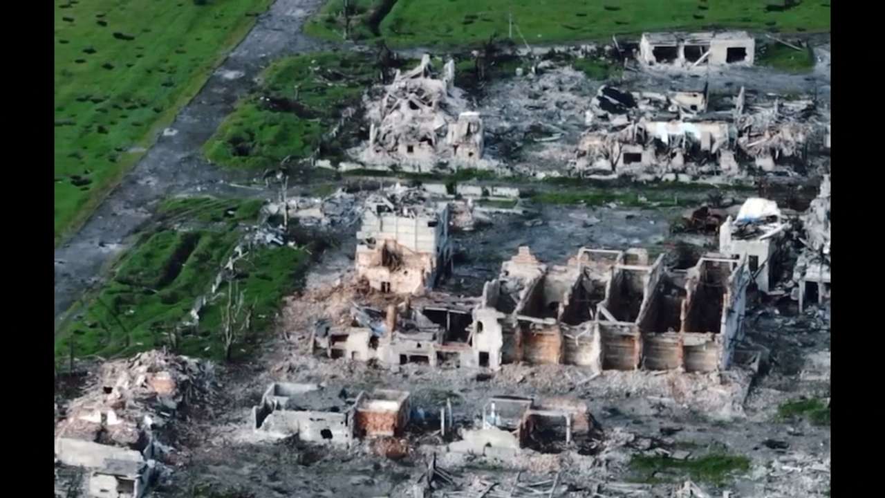 FILE PHOTO: Drone view shows the remains of Maryinka city that was destroyed by the Russians, in Maryinka