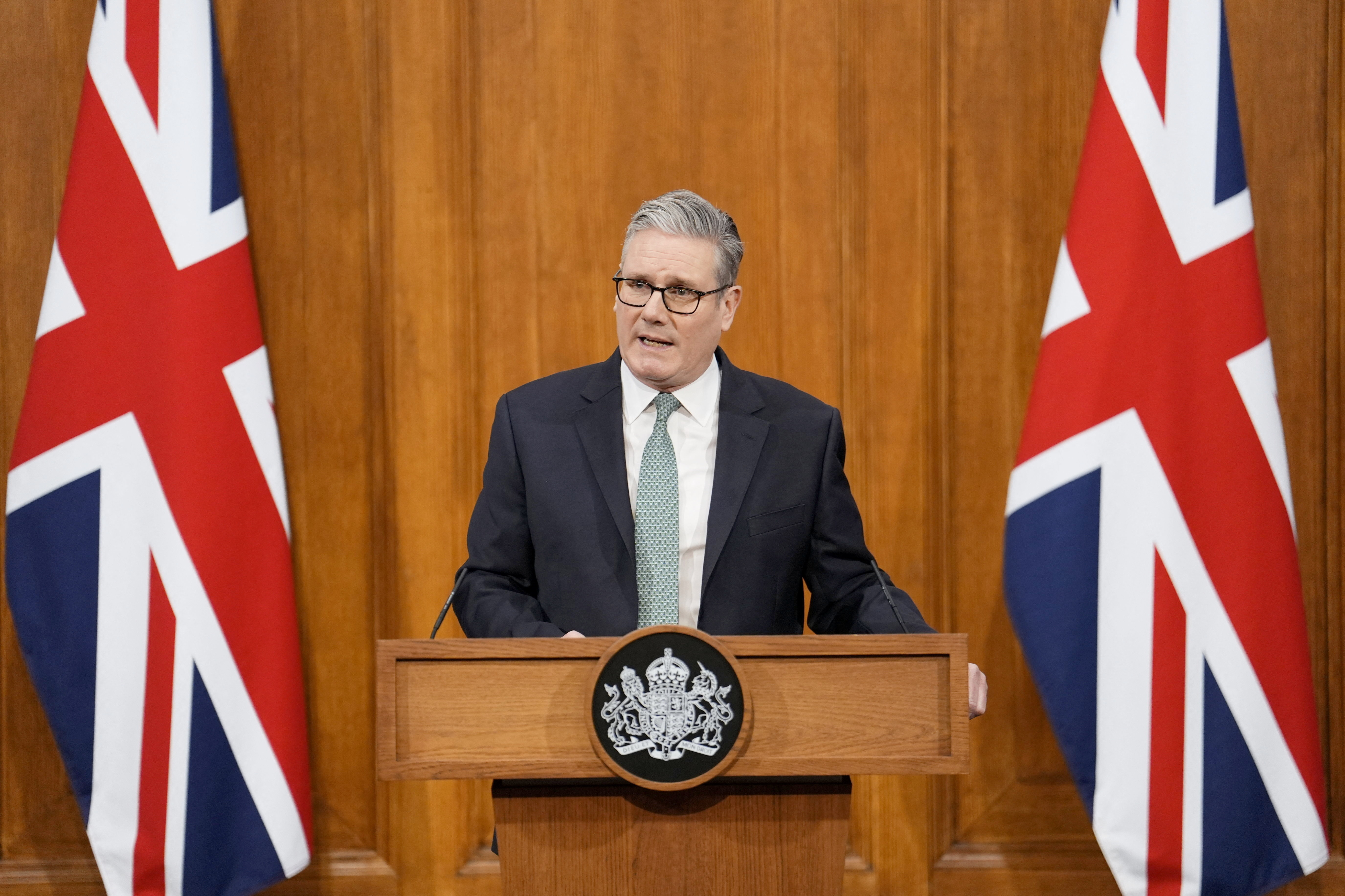 British Prime Minister Starmer delivers a statement in London