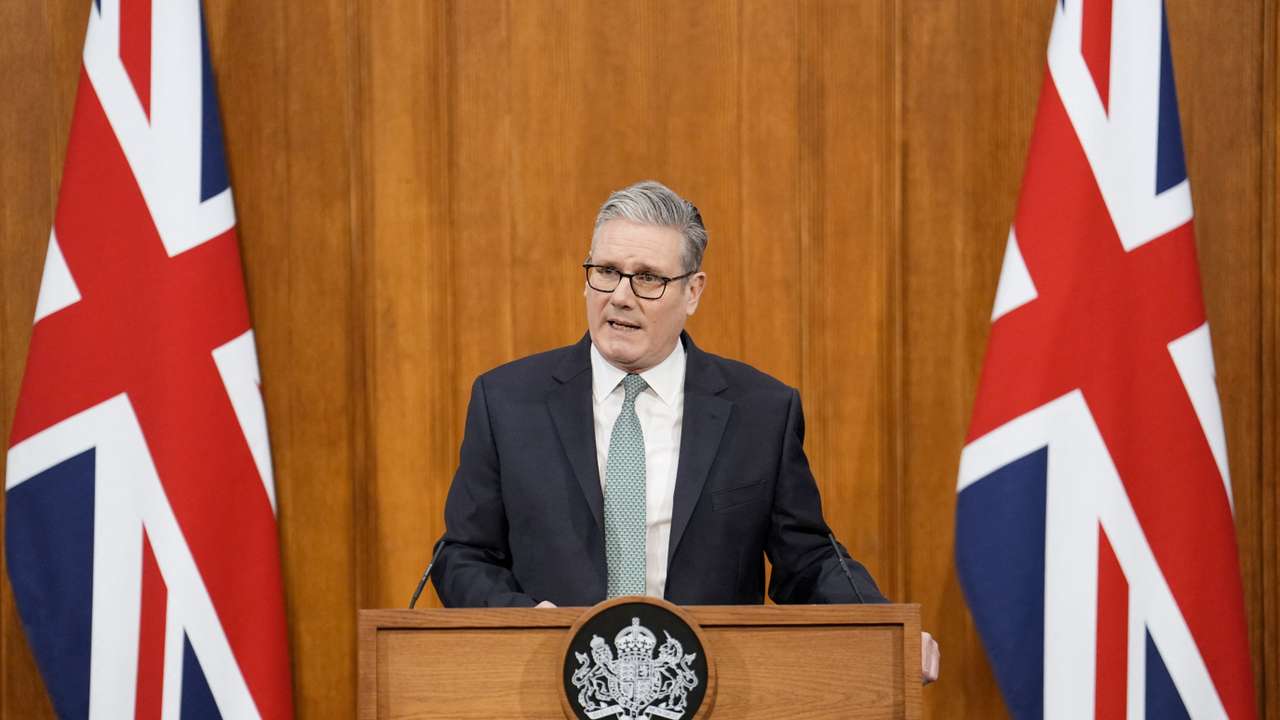 British Prime Minister Starmer delivers a statement in London