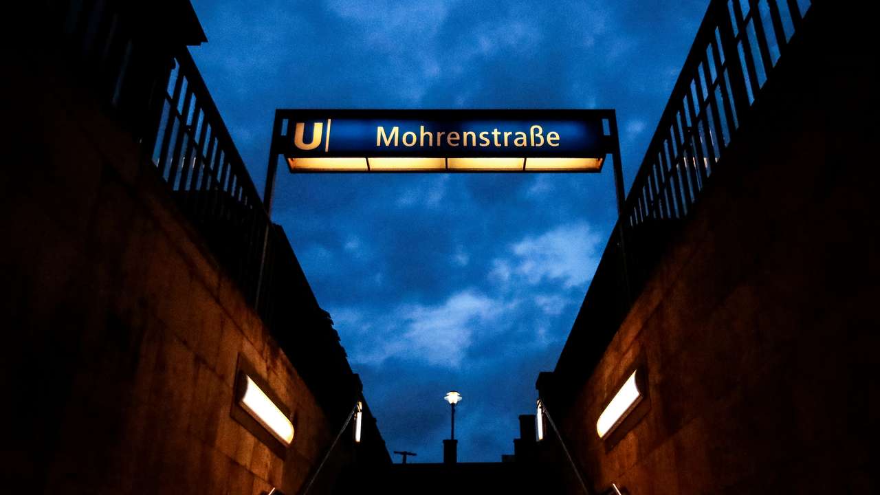 A sign for Mohrenstrasse subway station is seen in central Berlin